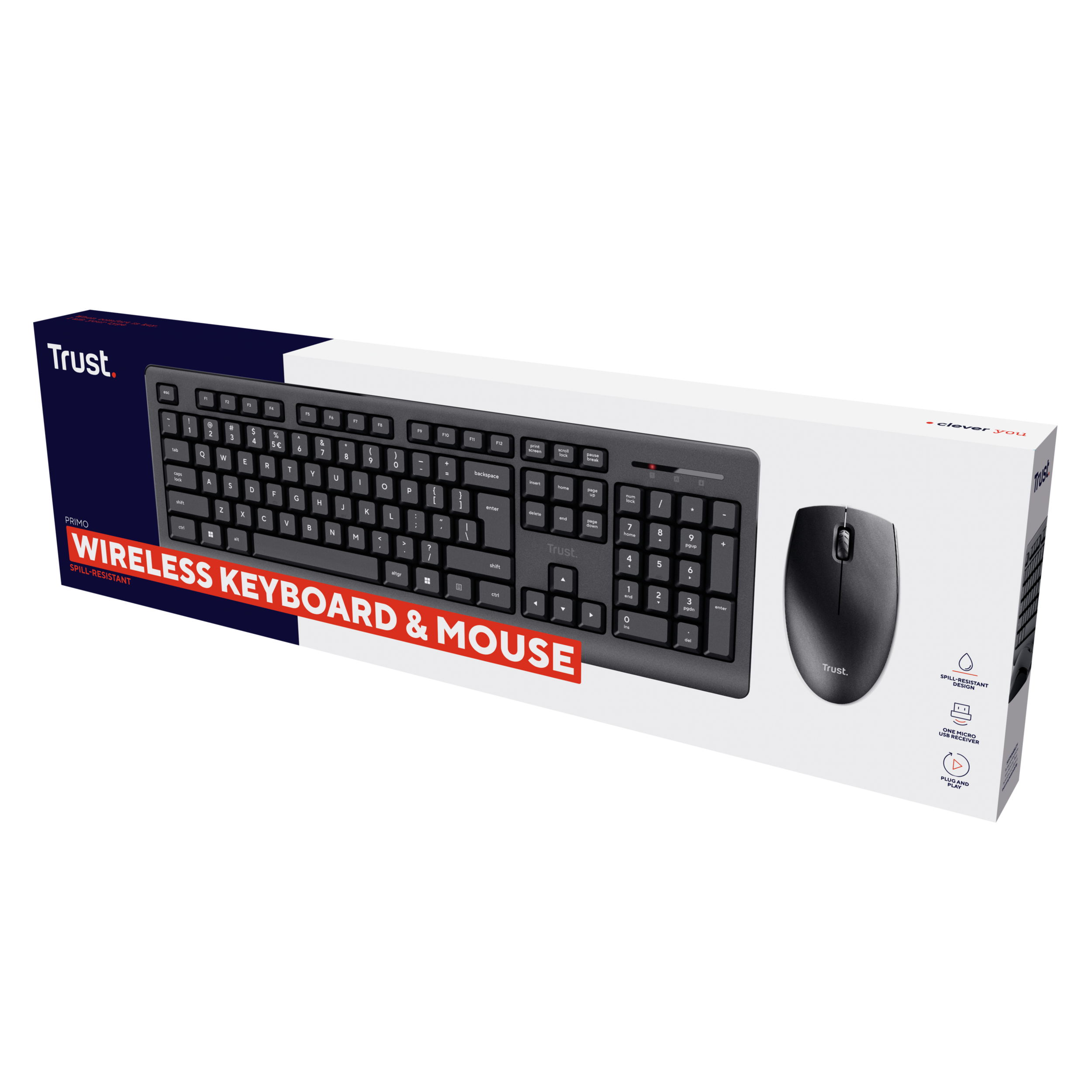 Zestaw klawiatura i mysz bezprzewodowa w pudełku. Klawiatura jest czarna, a mysz czarna.