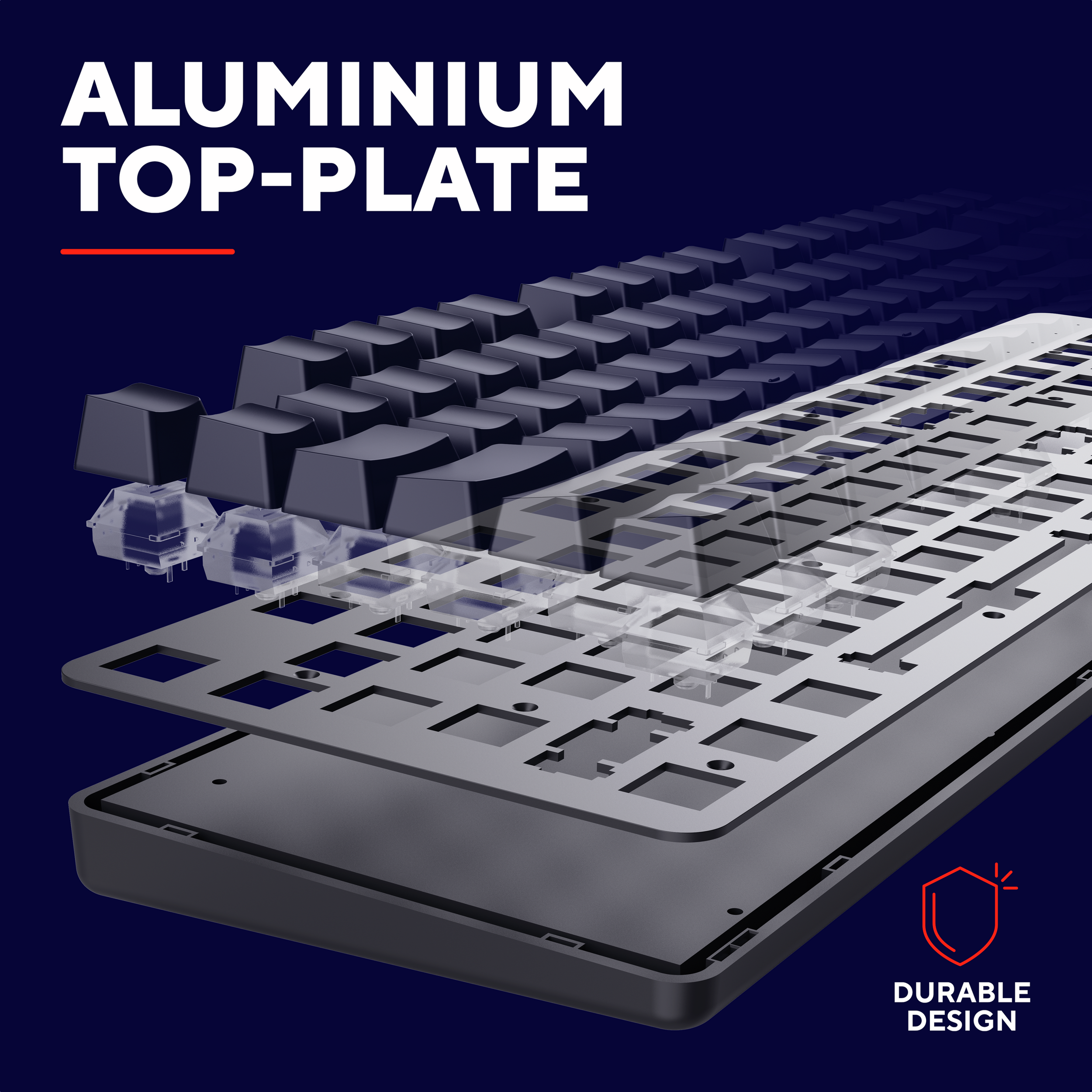Widok eksplodujący komponentów klawiatury ze słowami ALUMINIUM TOP-PLATE i Durable Design.
