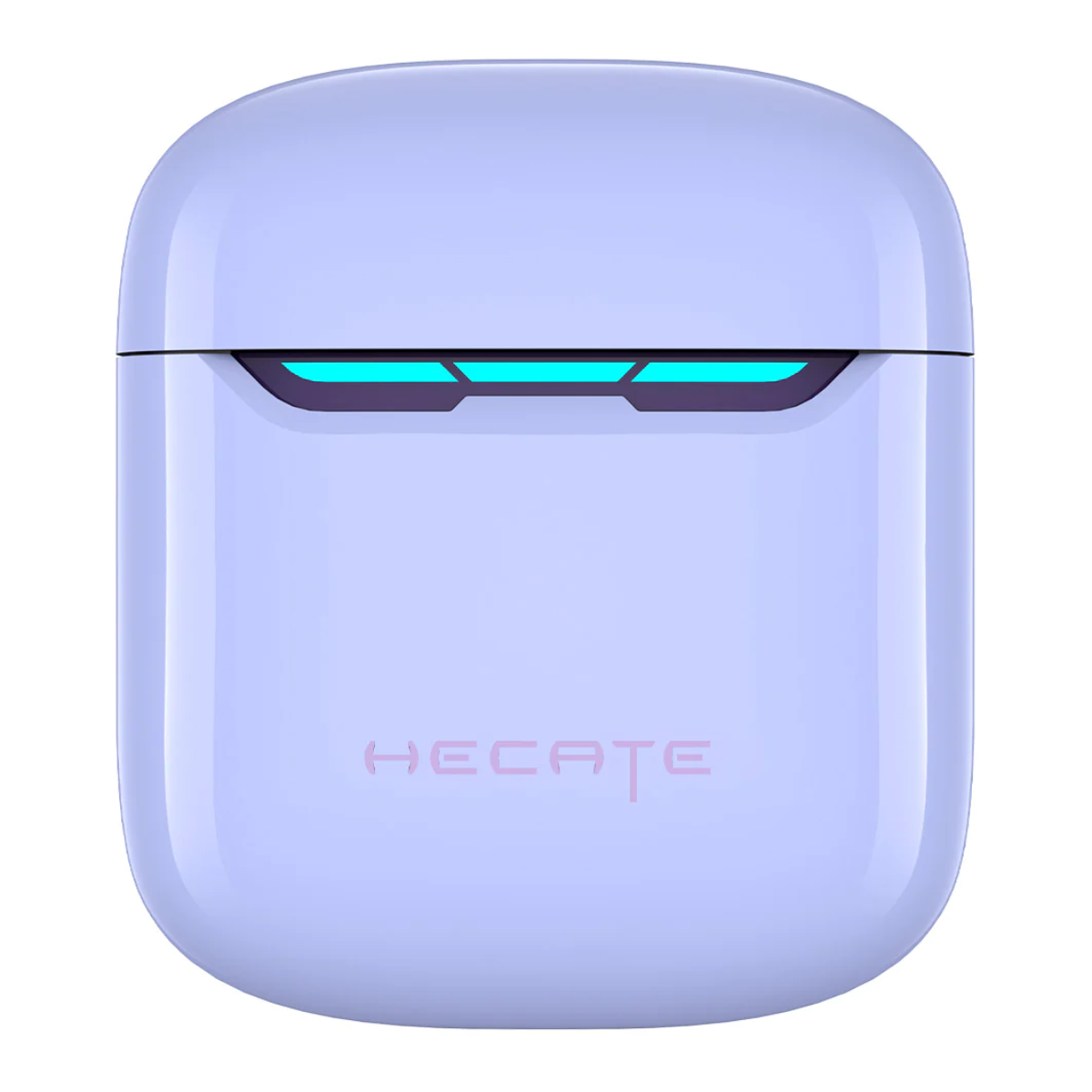 Custodia per auricolari viola chiaro con il marchio 'HECATE' e una striscia luminosa.