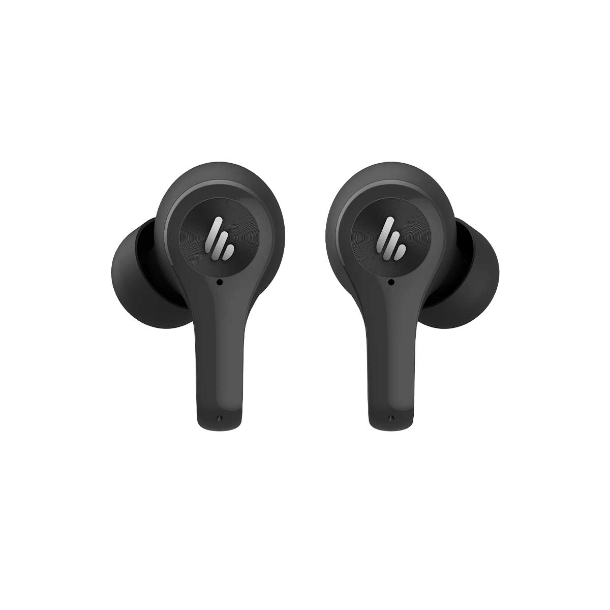 Auricolari wireless neri, vista laterale, con il logo del marchio.