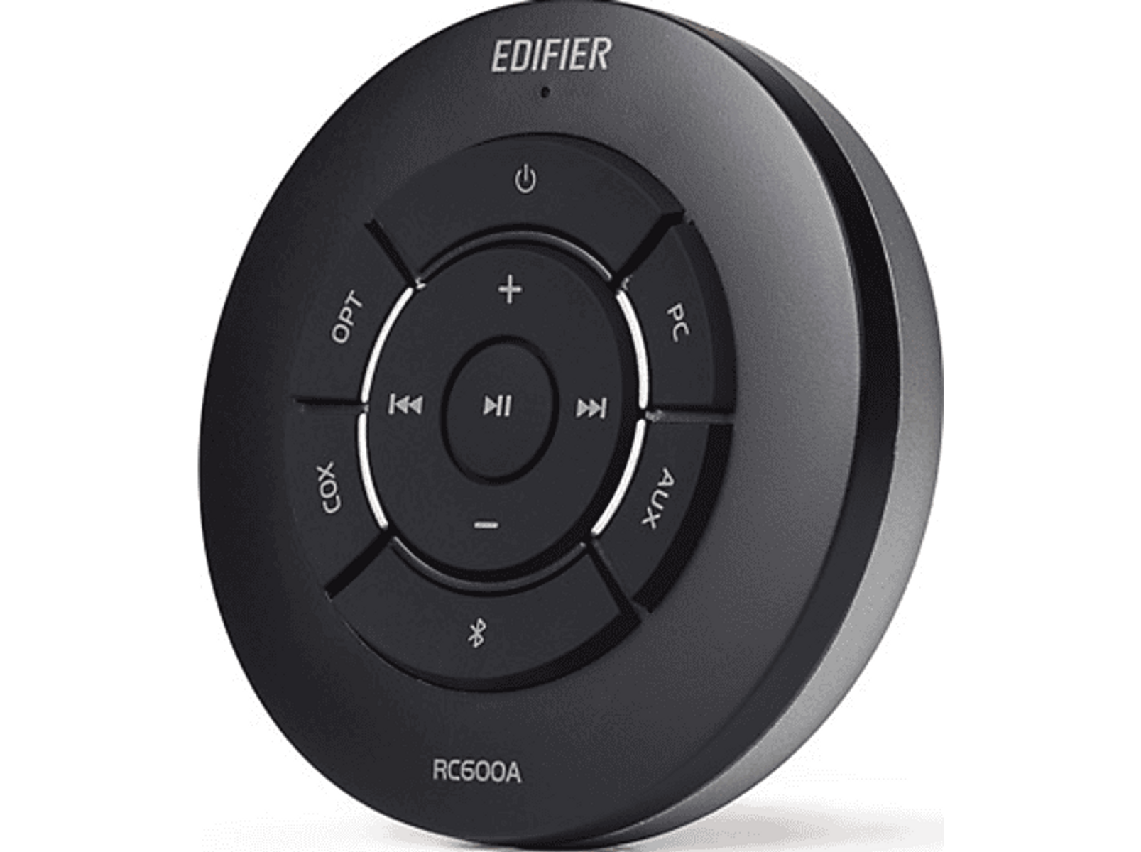 Czarny okrągły głośnik Bluetooth z przyciskami sterowania. Widoczna nazwa marki Edifier.