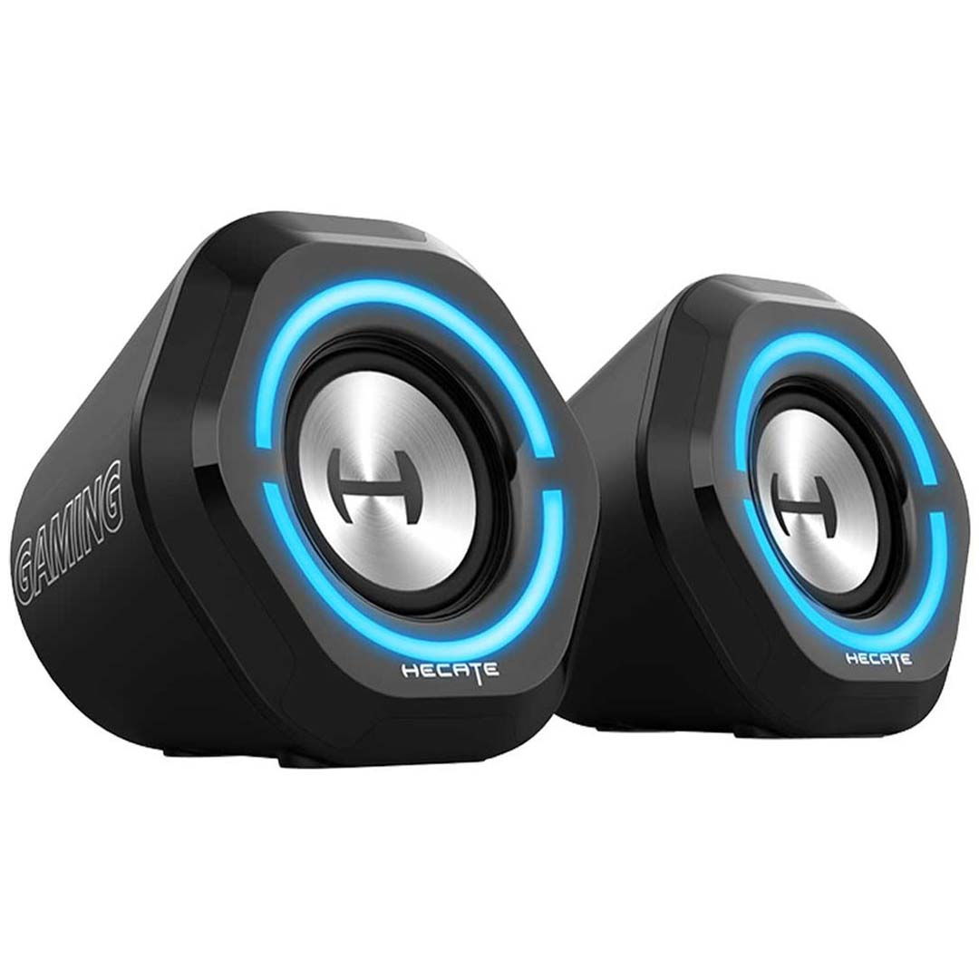 Paar zwarte luidsprekers met blauwe LED-ringen rond de luidsprekerelementen, met het HECATE-logo.