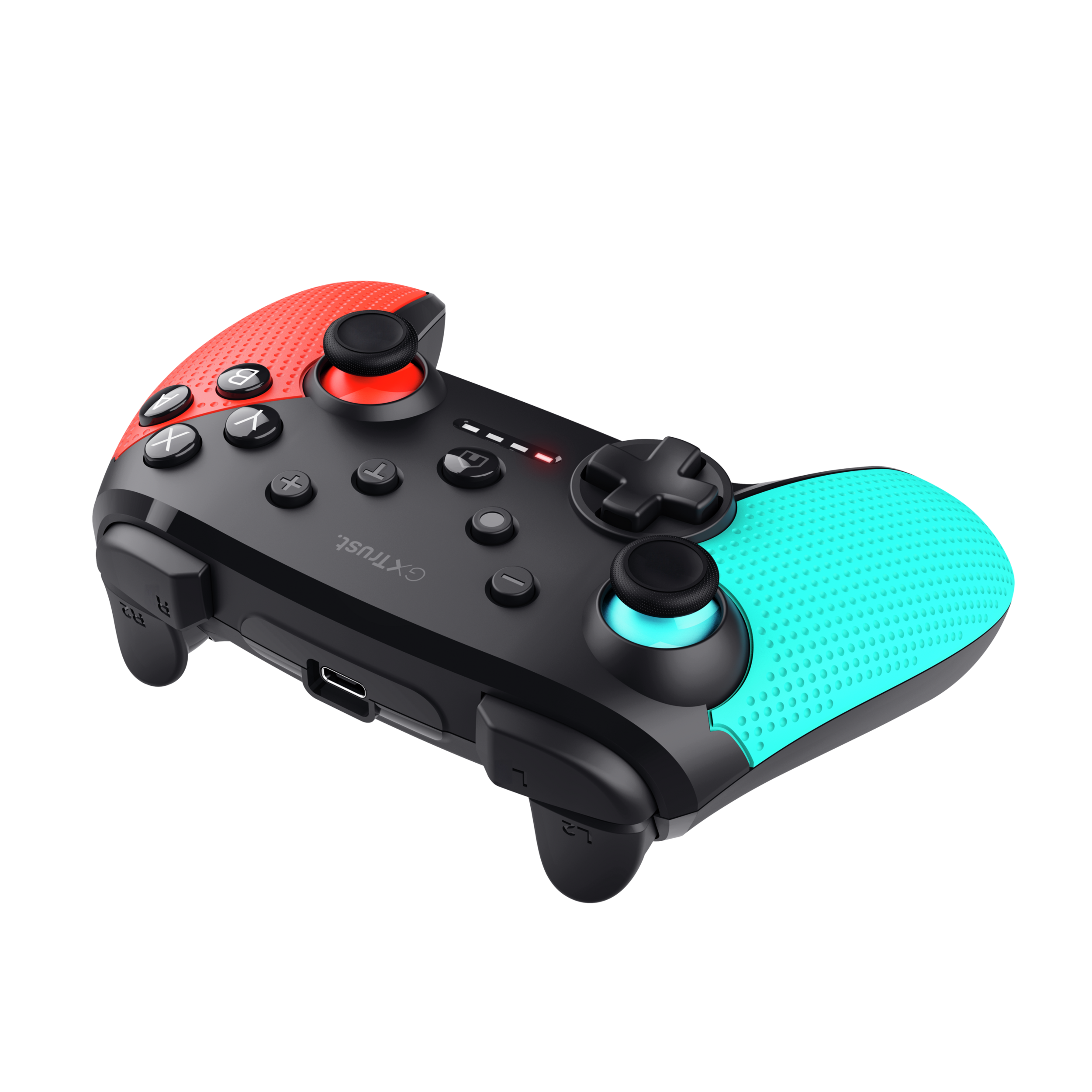 Schwarzer und roter Gamepad-Controller mit Knöpfen. Auf schwarzem Hintergrund.
