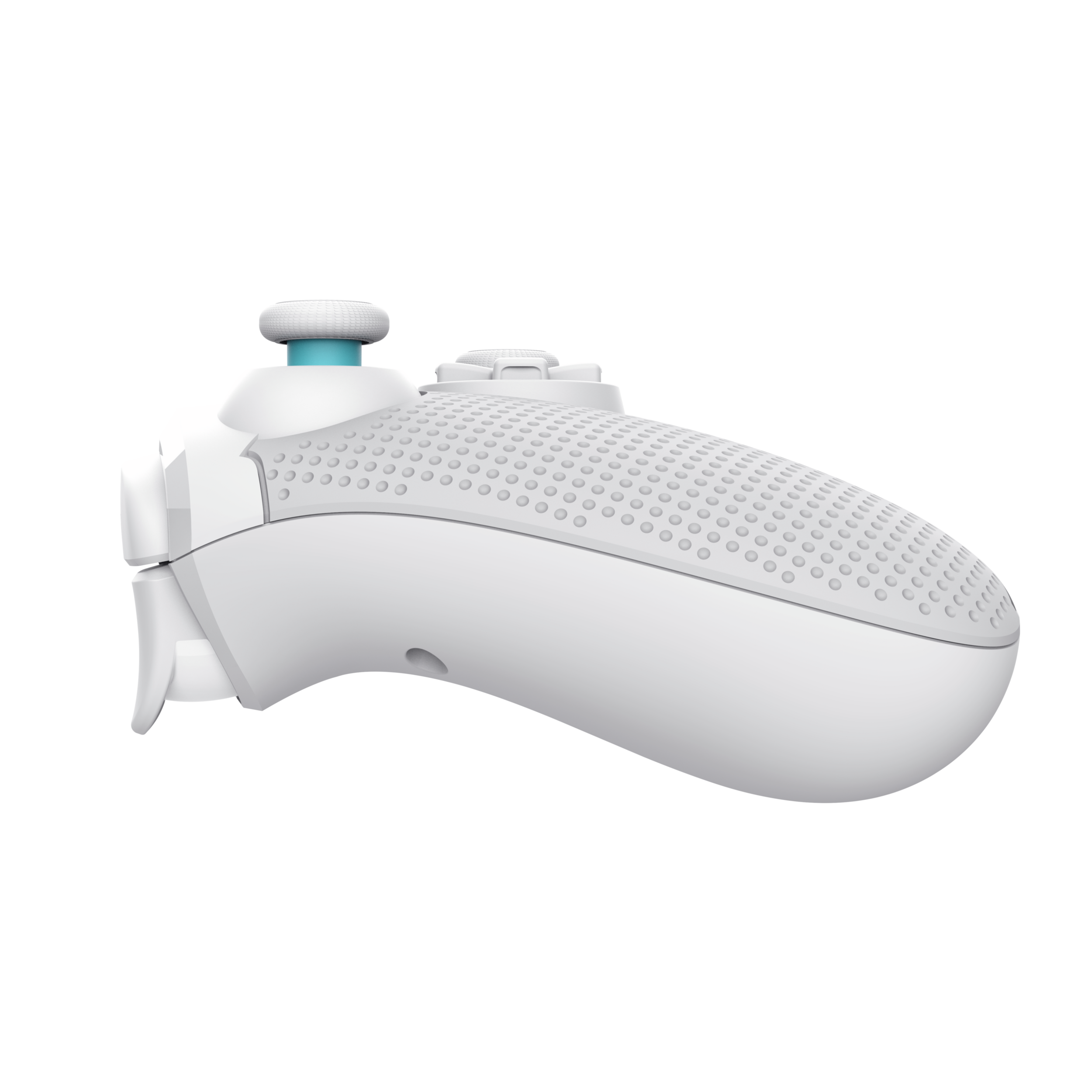 Biały kontroler do gier z niebieskimi akcentami. Ma przyciski i joystick. Czarne tło.