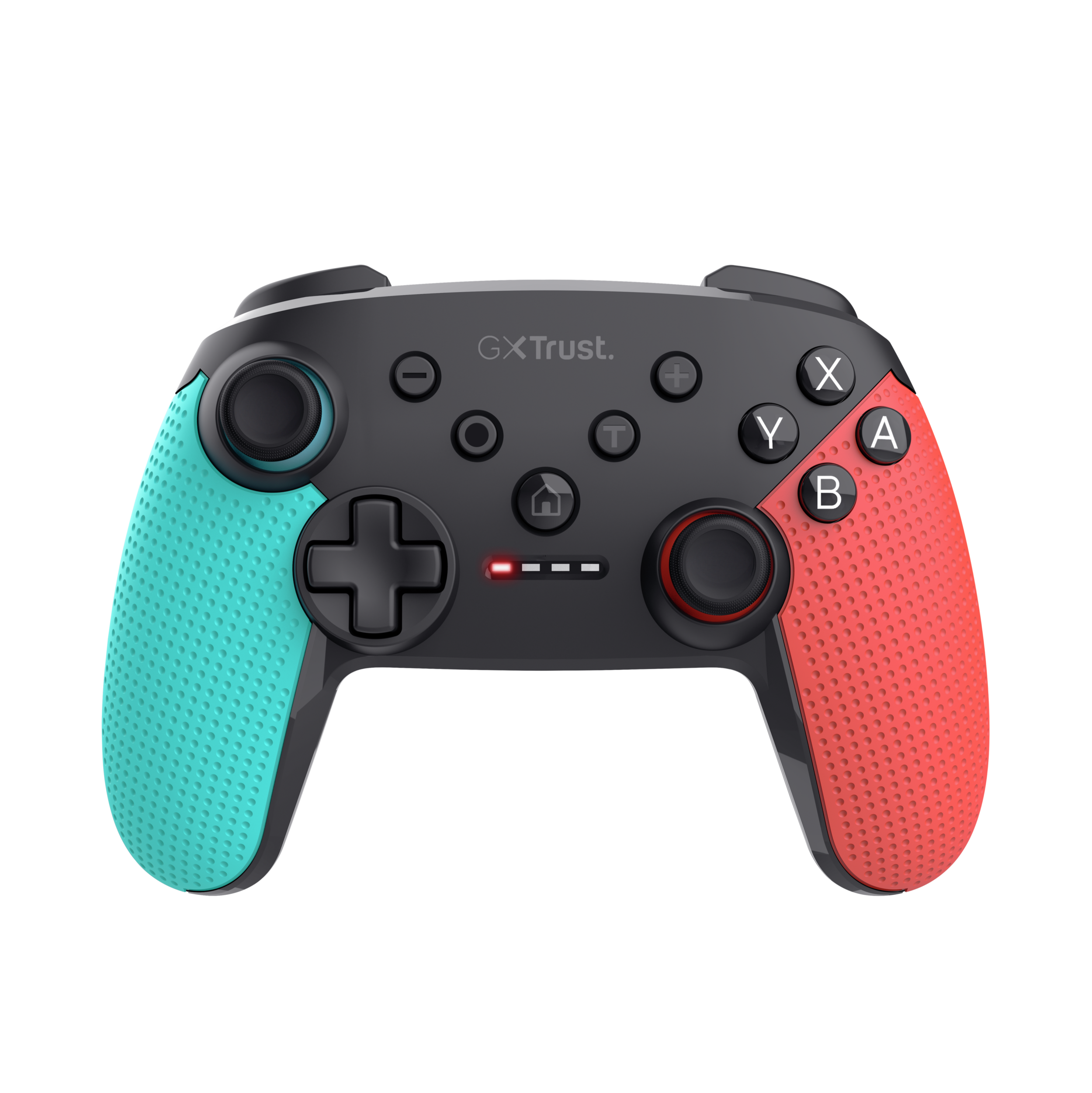 Ein schwarzes Gamepad mit roten, blauen und grauen Farben. Es hat Knöpfe, ein Steuerkreuz und zwei Analogsticks.