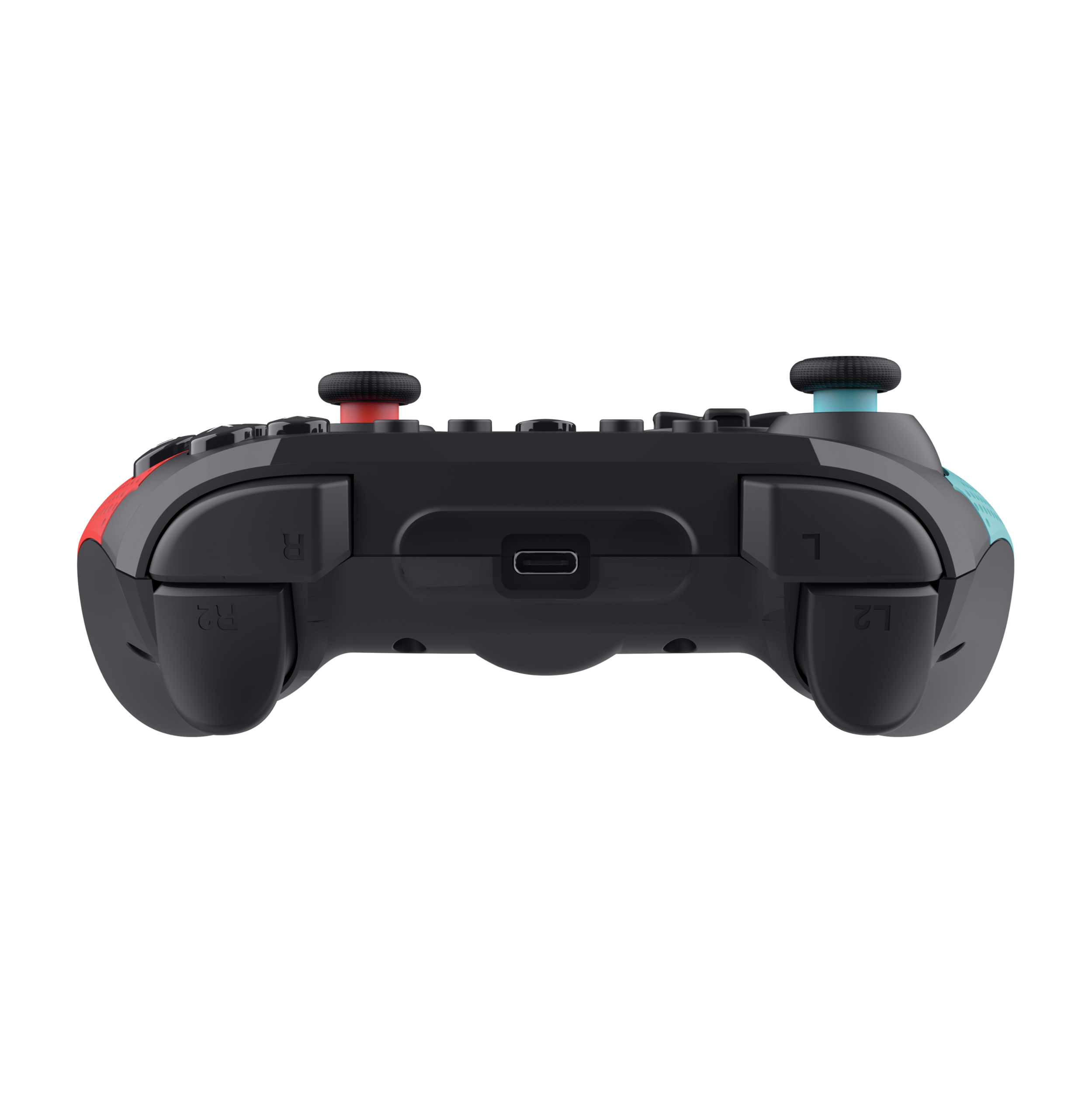 Ein schwarzer Controller mit roten und blauen Joysticks. Der Controller hat Knöpfe.