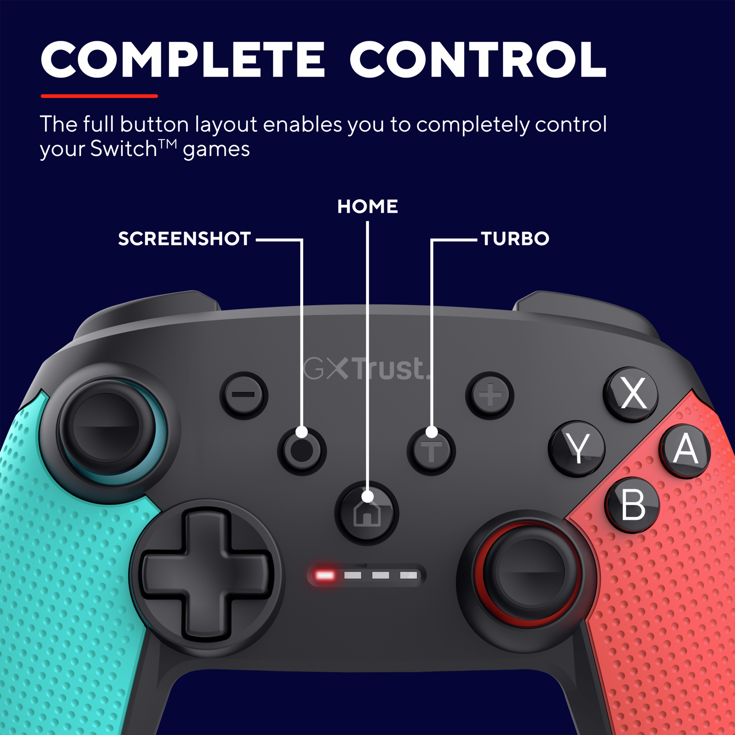 Schwarzer und türkisfarbener Gamecontroller mit beschrifteten Knöpfen auf dunkelblauem Grund.