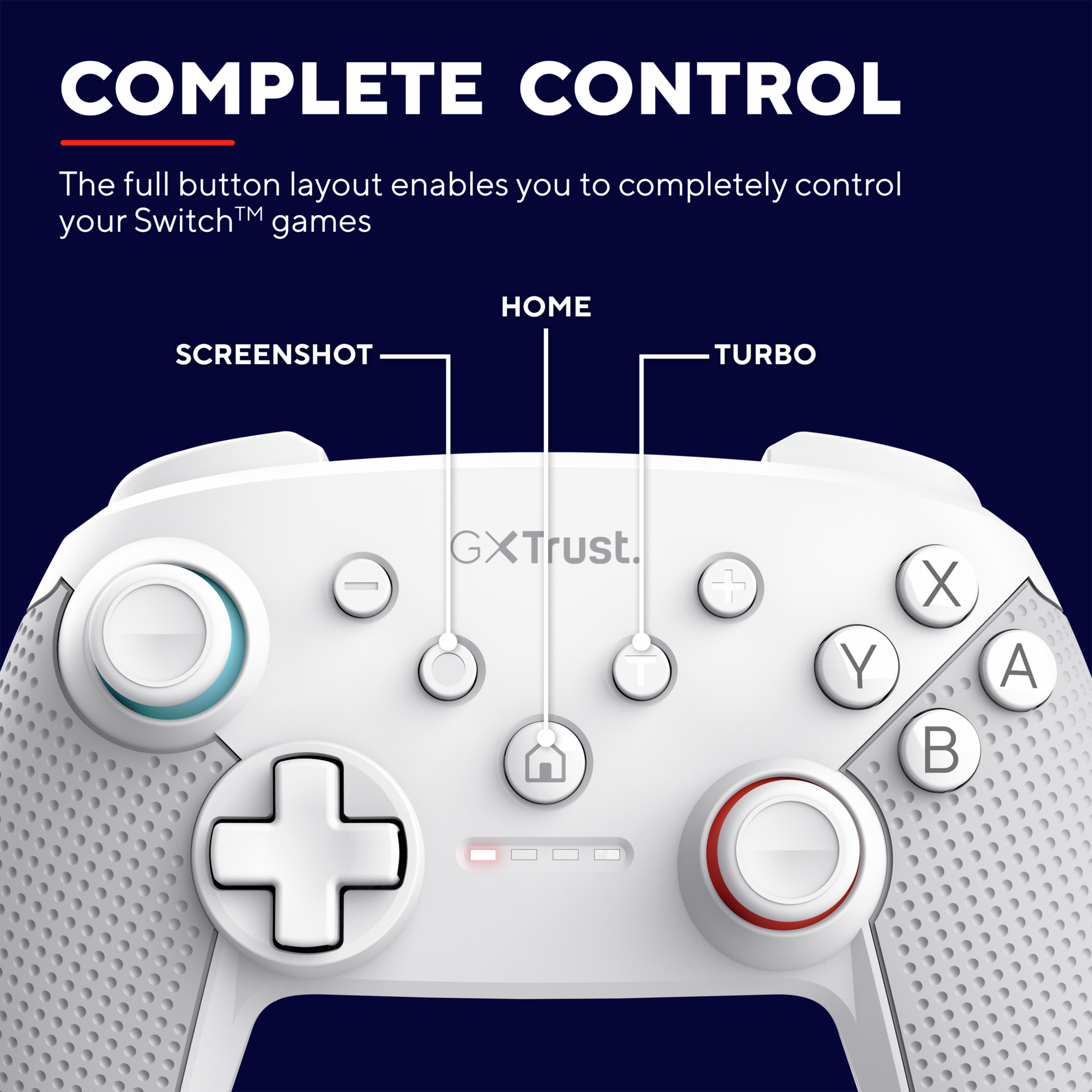 Biały kontroler do gier z przyciskami. Zawiera przyciski zrzutu ekranu, home i turbo, z białym tłem.