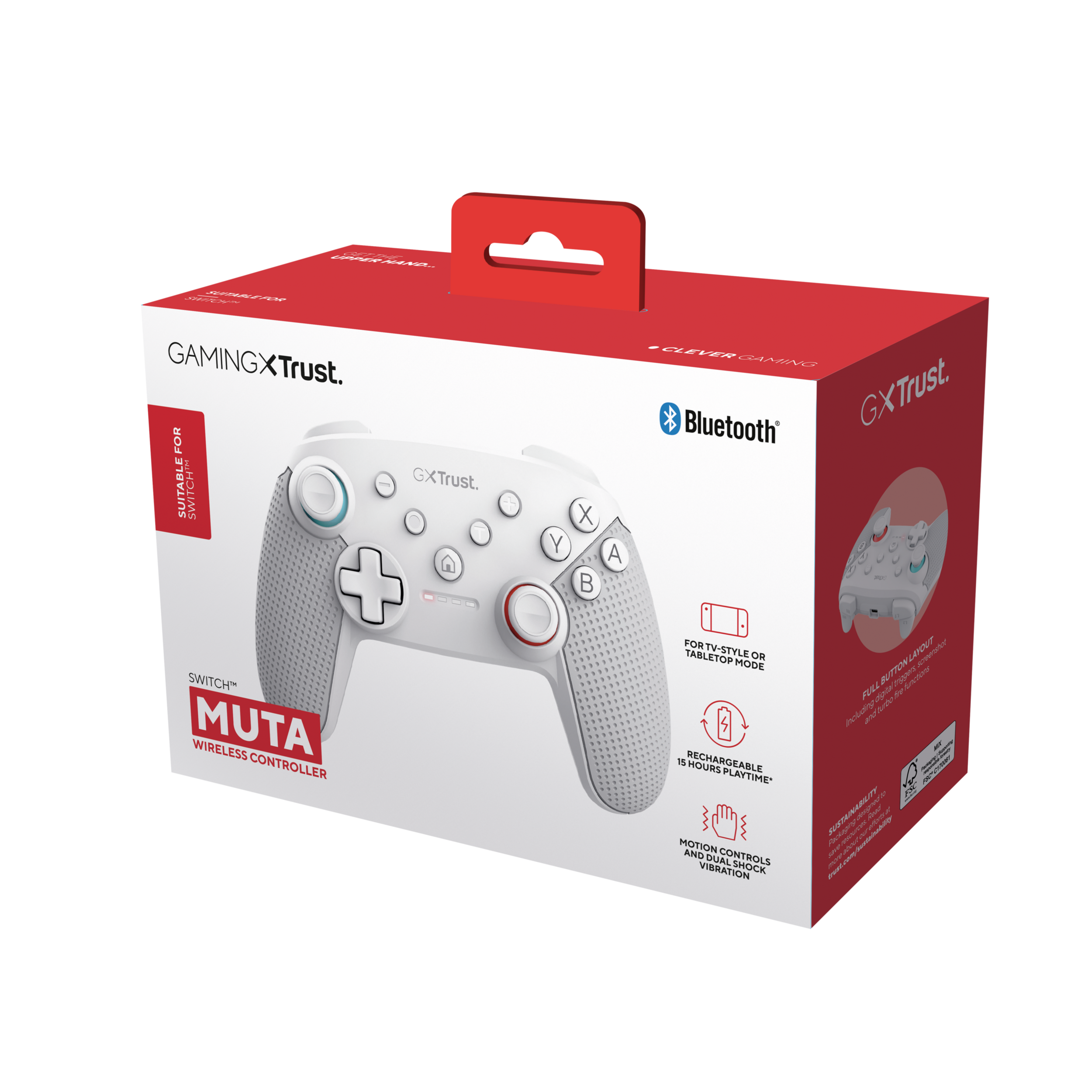 Biało-czerwony kontroler do gier w pudełku. Bluetooth, ładowalny, do Switch. Białe tło.