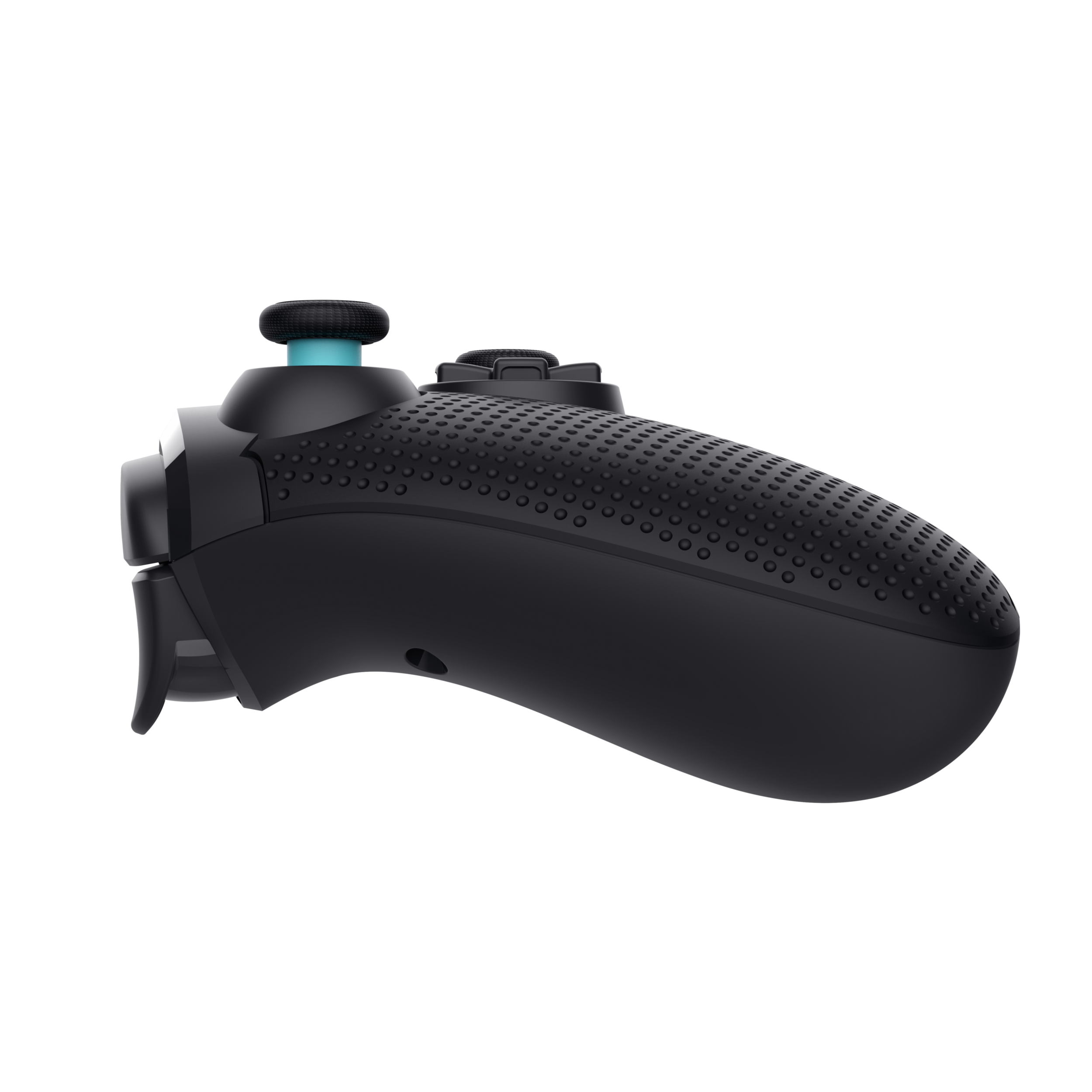 Widok z boku czarnego kontrolera z niebieskim joystickiem na czarnym tle.