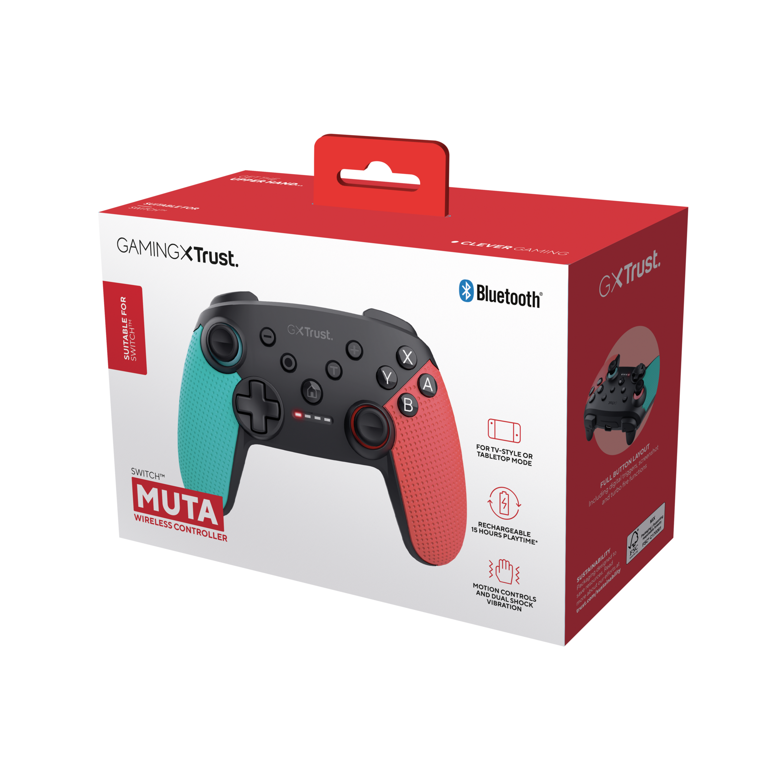Eine Spielcontroller-Box mit einem Controller darin. Die Box ist rot und schwarz.