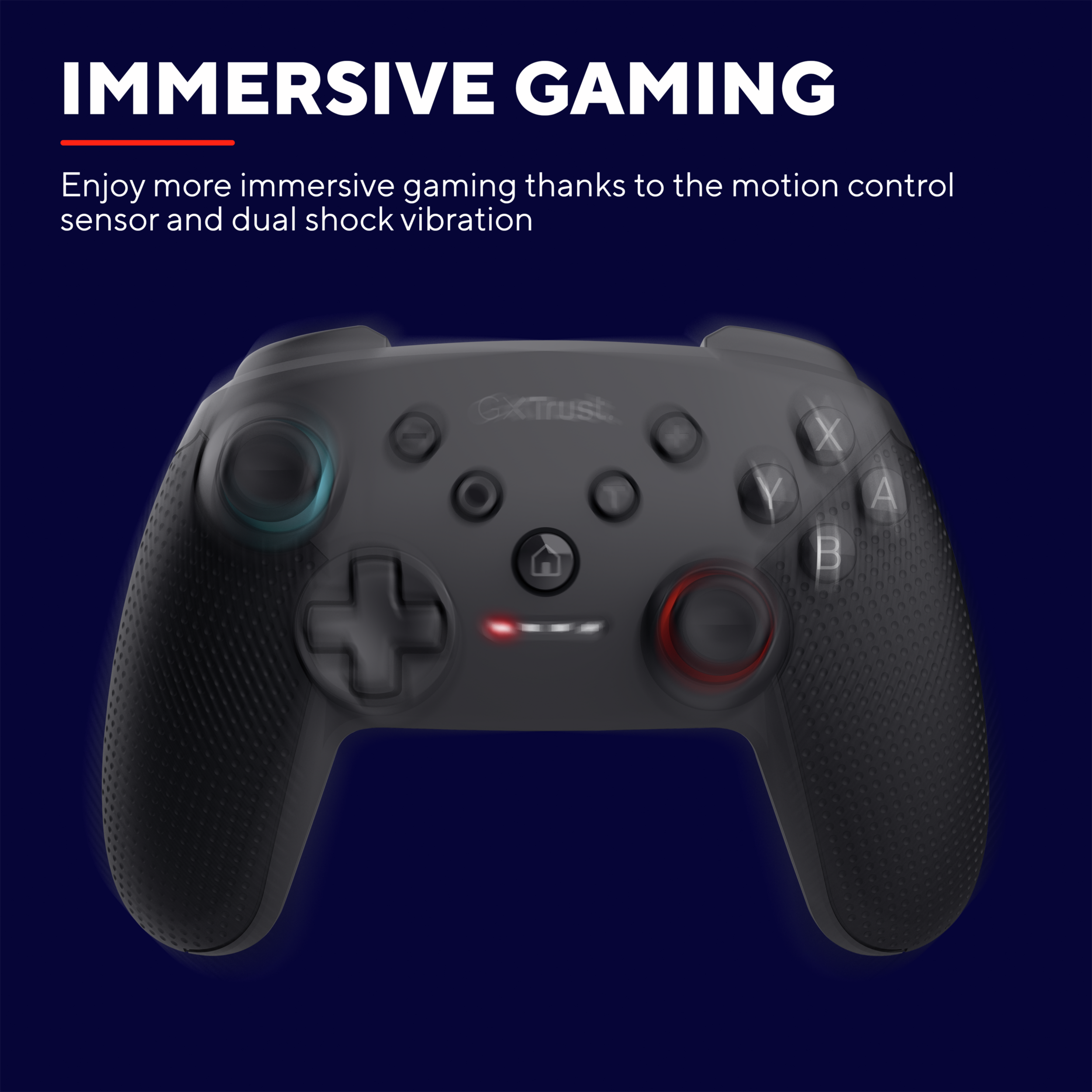 Czarny kontroler do gier z przyciskami, joystickami. Czerwone i niebieskie akcenty. Ciemnoniebieskie tło.