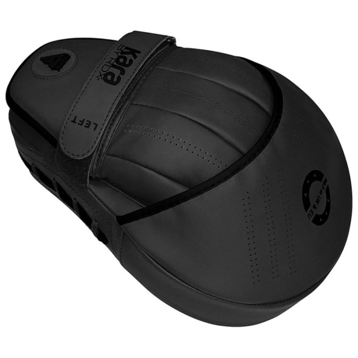 A black boxing pad with a hand strap. It has an embossed surface and a logo.