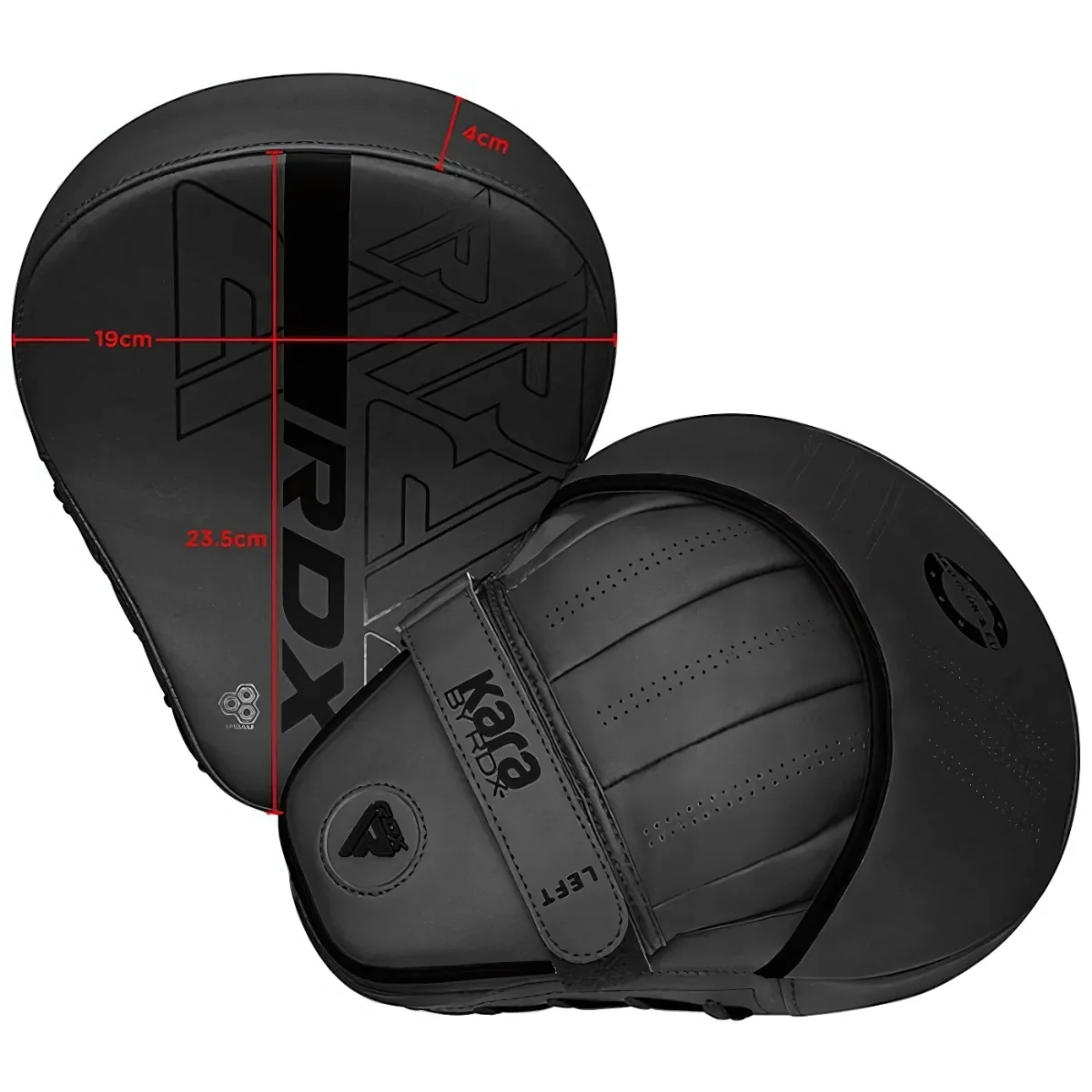 Two black boxing mitts with dimensions marked. The mitts are labeled 'LEFT' and 'IRDX'.