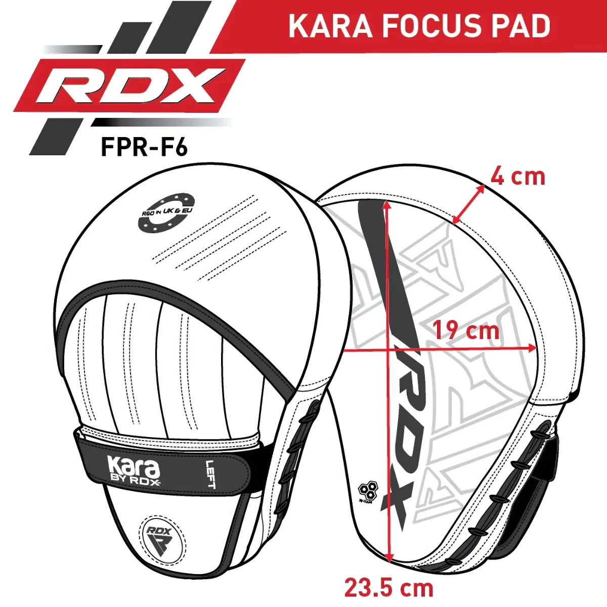 Boxing mitts. White and black with measurements. Red RDX logo. White background.