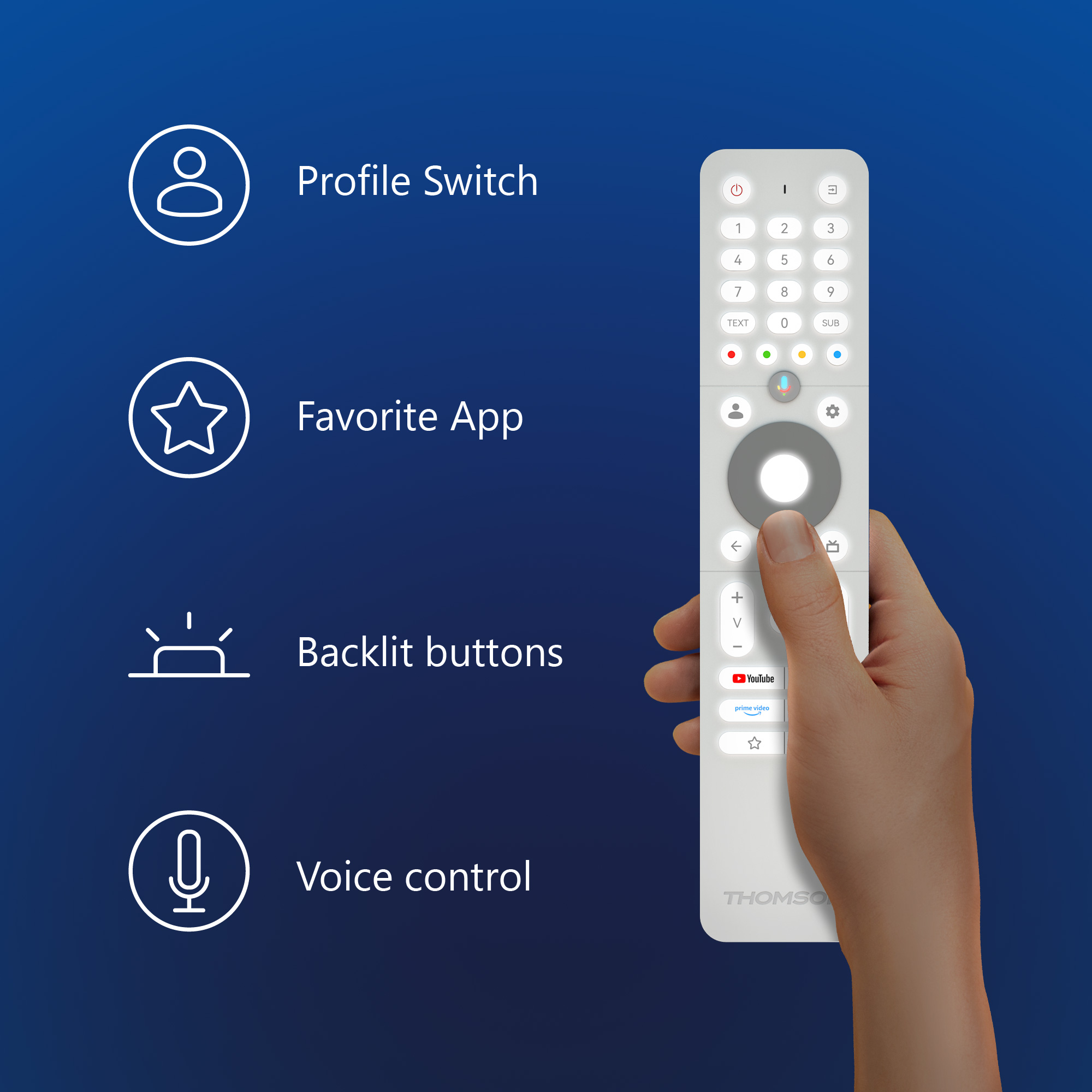 Hand holding a white remote with buttons and icons on a blue gradient background.