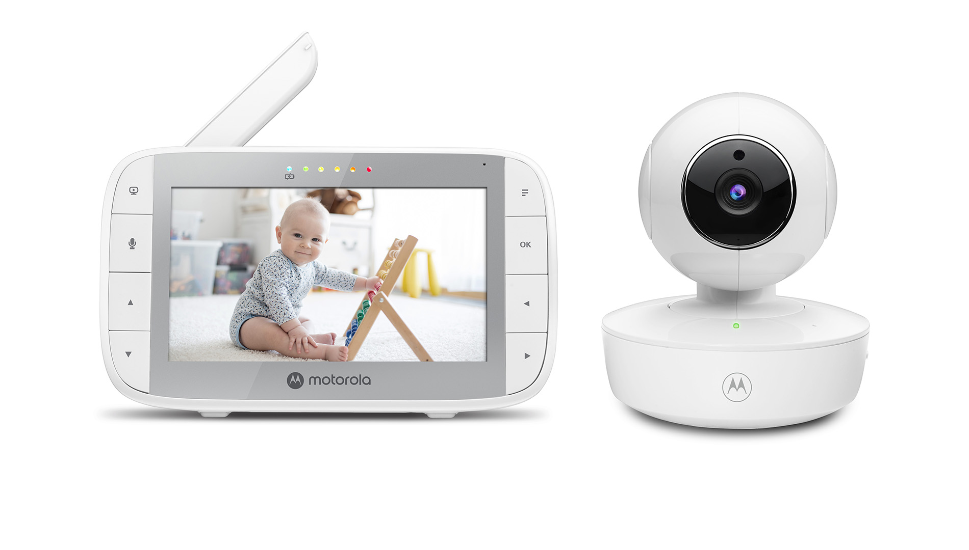 Babyphone mit Bildschirm, der ein Baby zeigt, und separater Kameraeinheit.