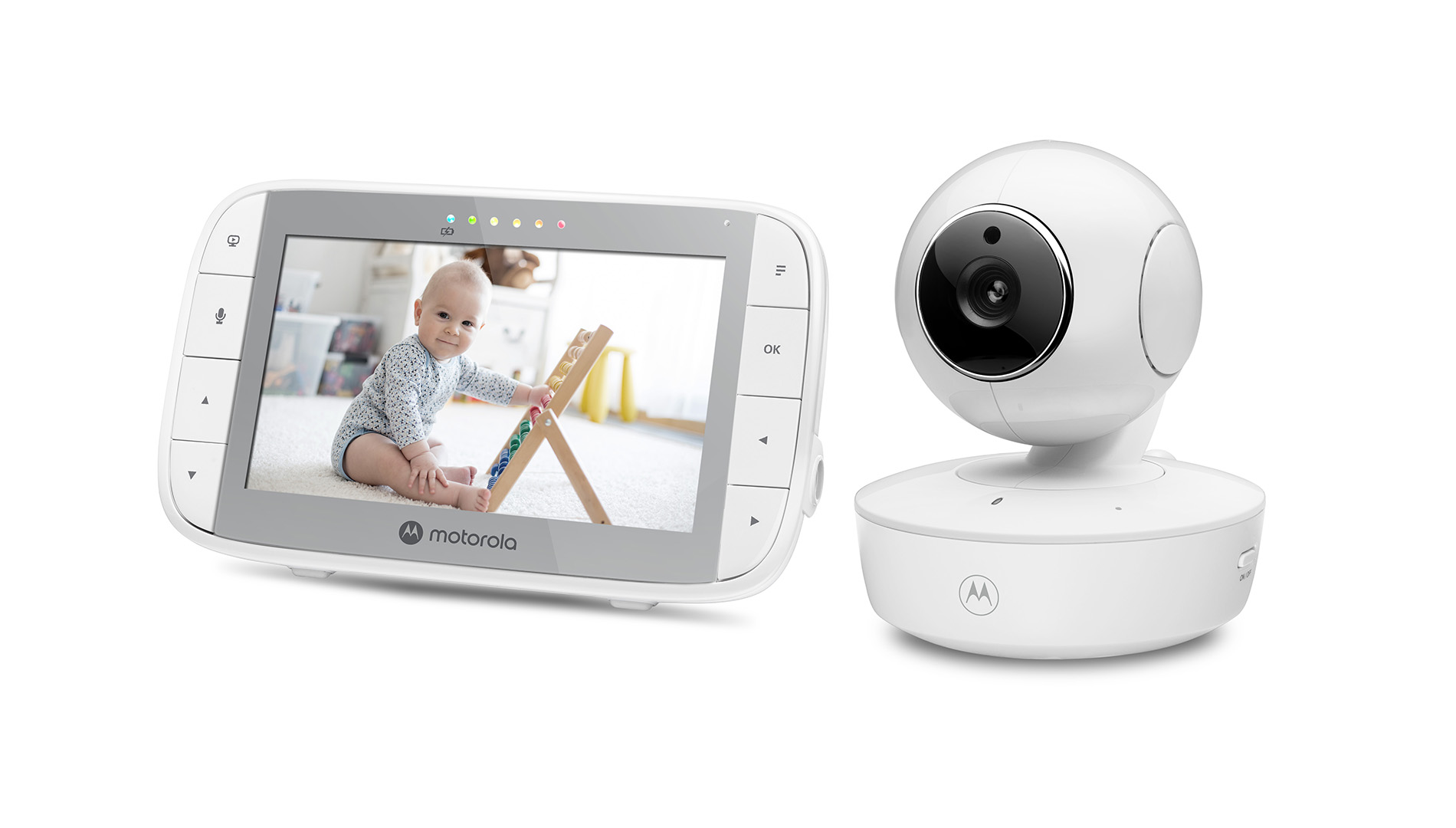 Babyphone mit Kamera und Bildschirm, der ein Baby im Kinderbett zeigt. Weißer Hintergrund.