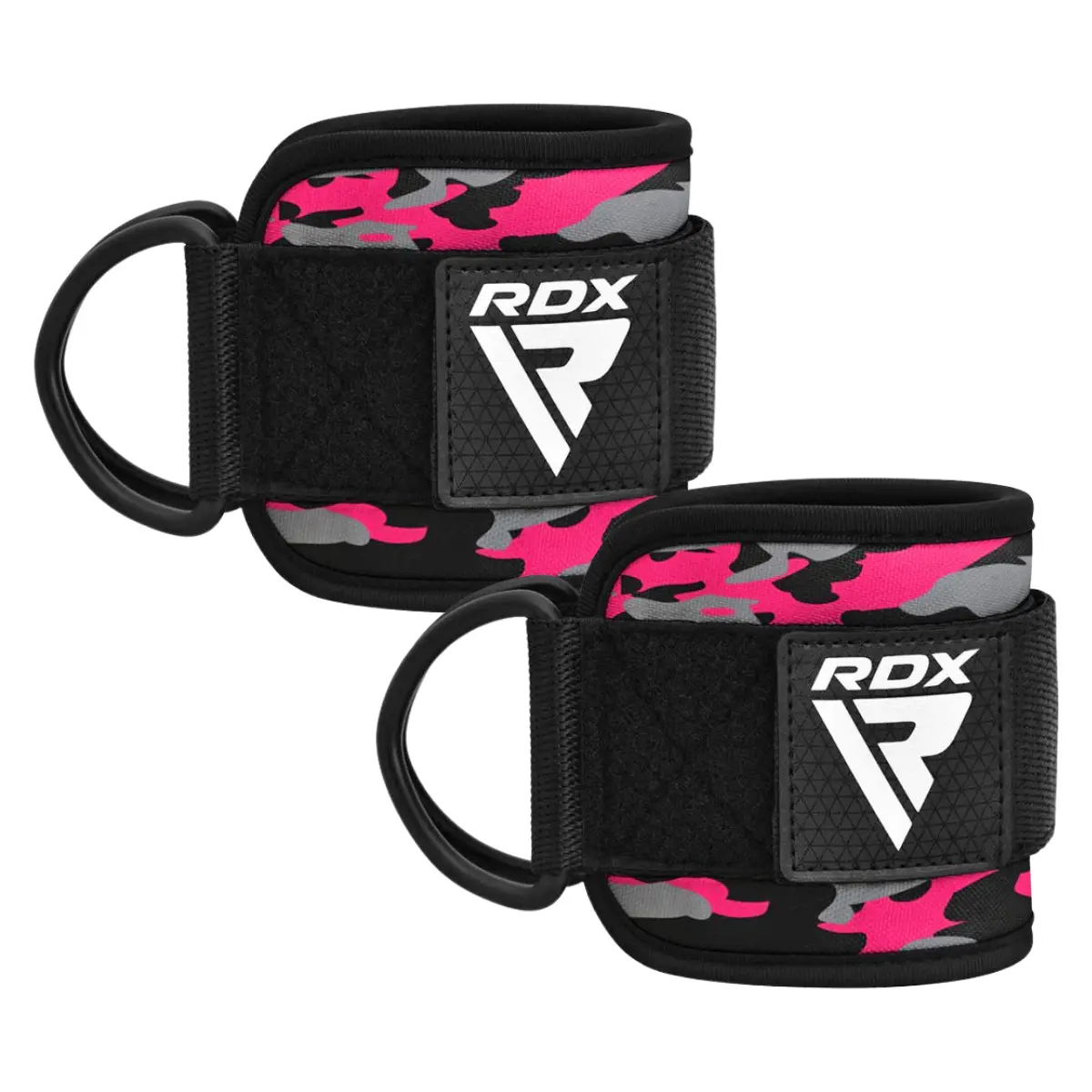 Protège-poignets avec un motif camouflage rose. Logo RDX noir sur chaque protège-poignet, avec une sangle noire.