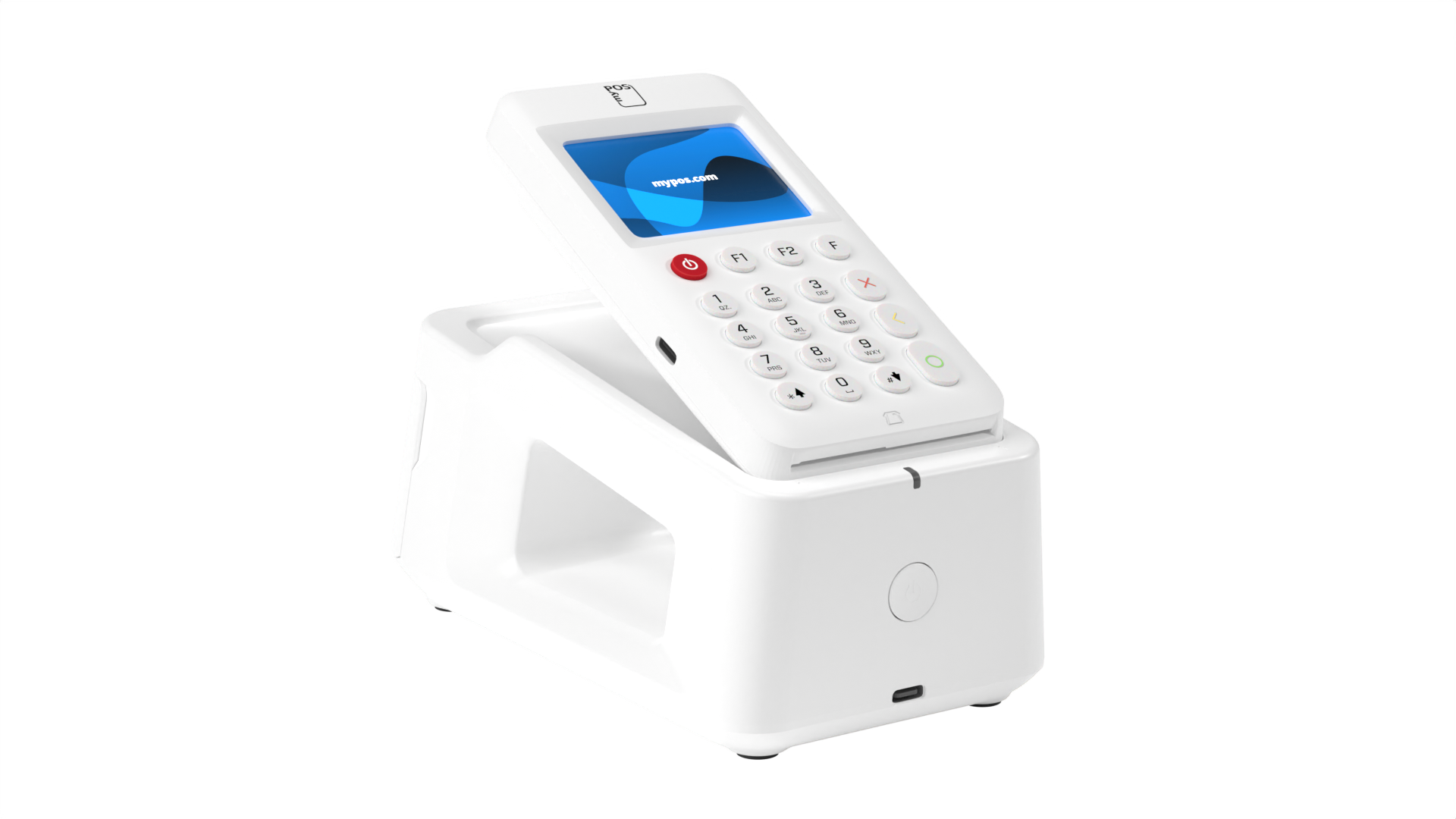 Una máquina TPV blanca sobre un soporte blanco. Tiene una pequeña pantalla y botones.