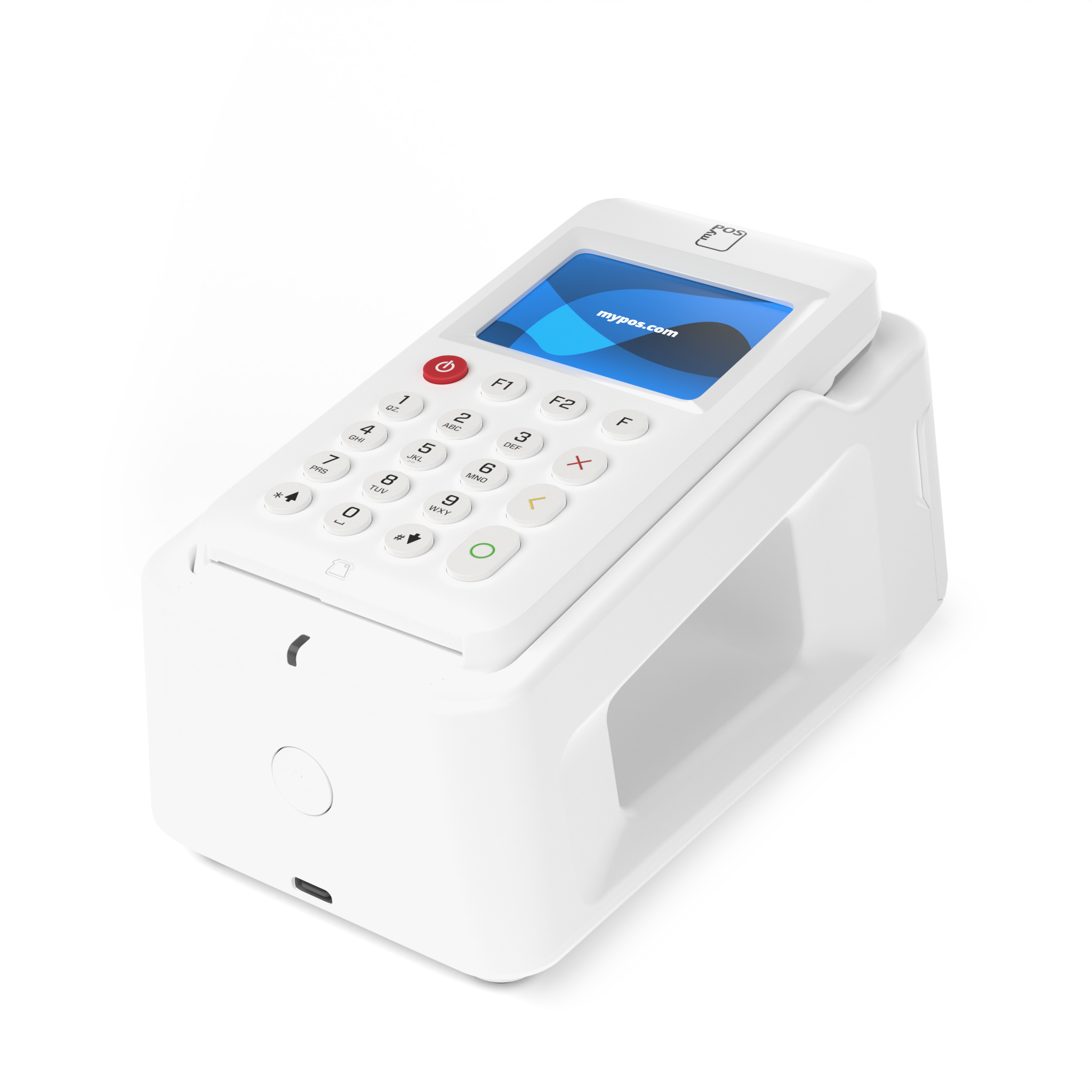 Terminal de pago blanco con pantalla, teclado y lector de tarjetas sobre fondo negro.