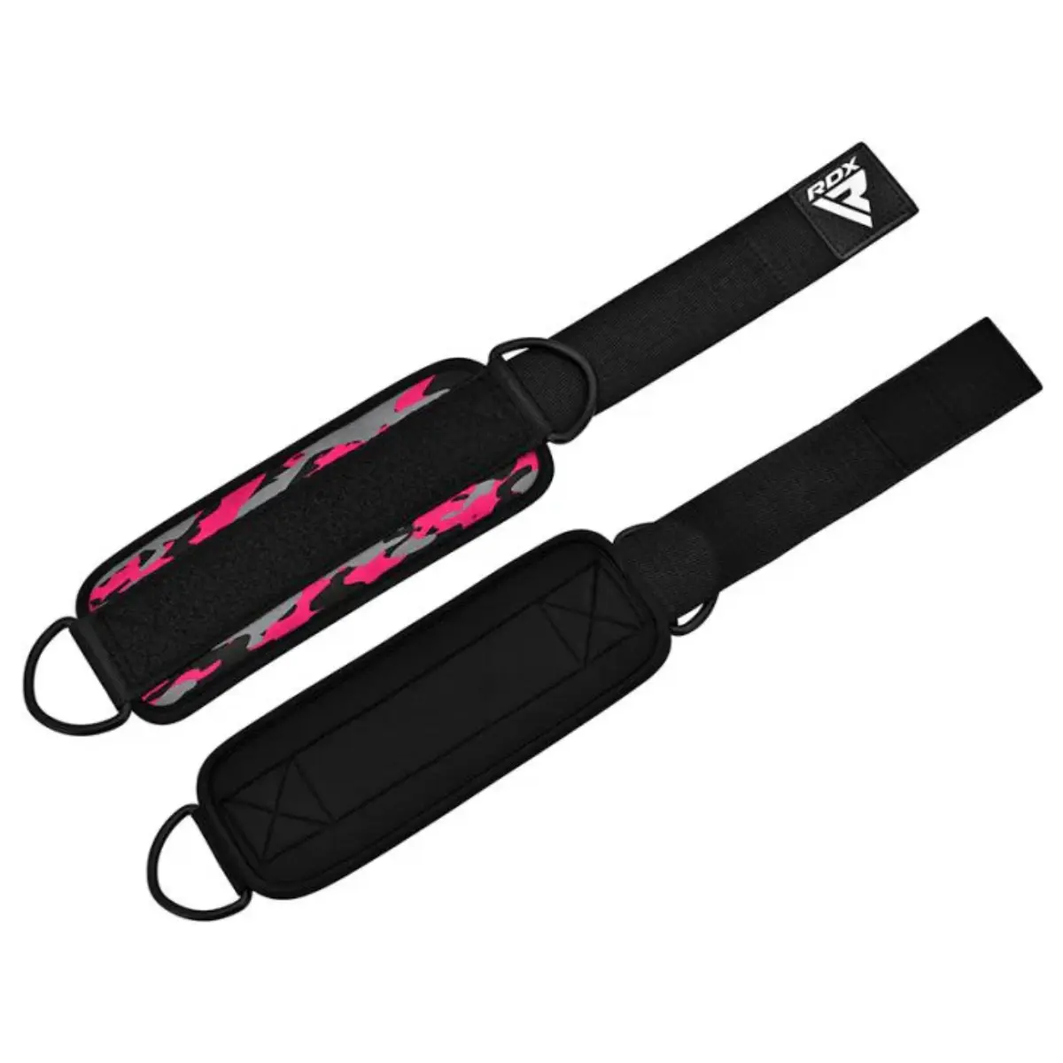 Sangles de cheville noires et roses avec logo RDX pour les entraînements en salle de sport.