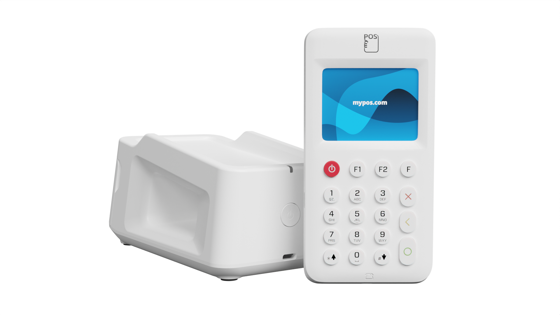 Sistema TPV blanco. Una pantalla y una base. Pantalla muestra un sitio web.