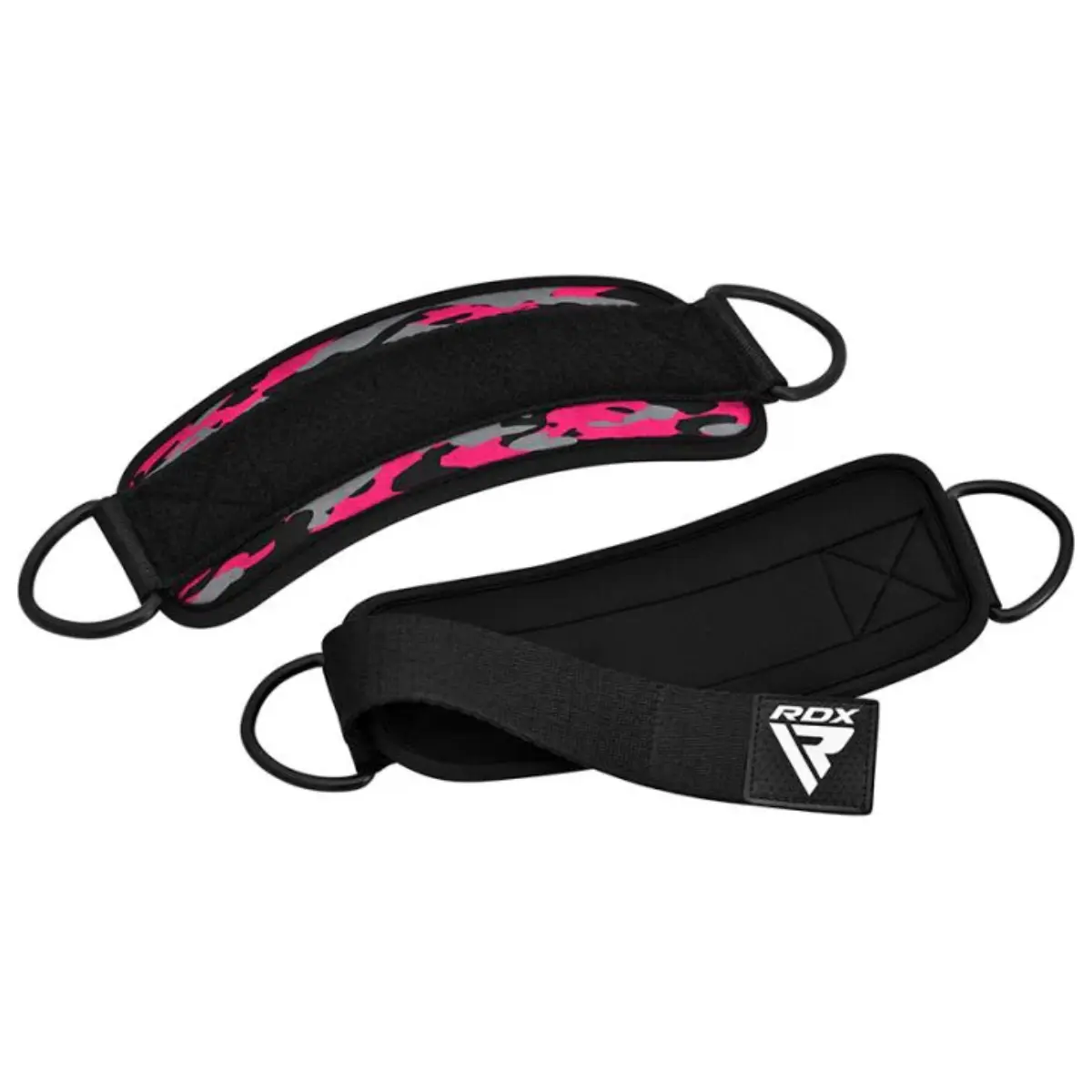 Deux sangles d'haltérophilie noires avec un motif de camouflage rose et gris et un logo.