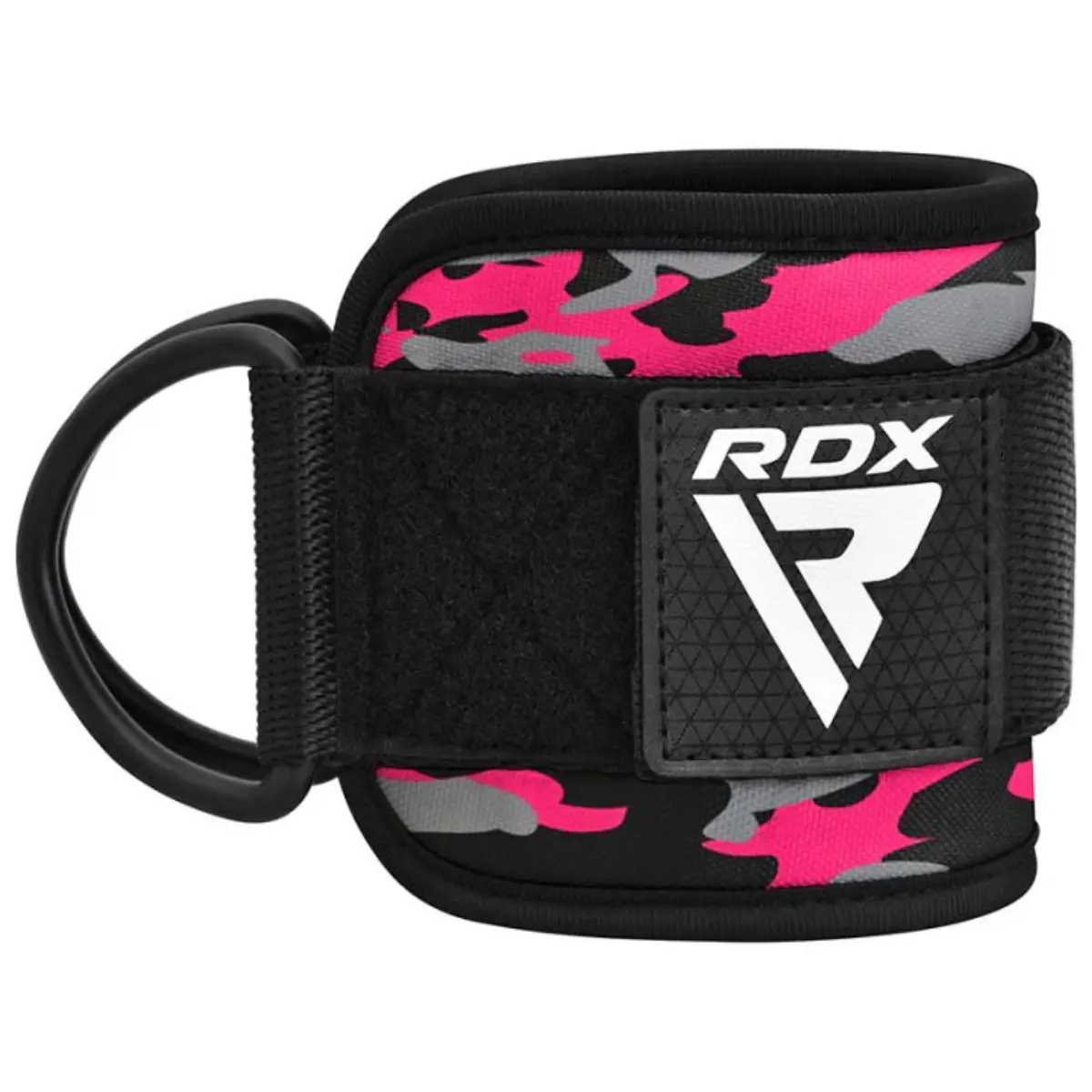 Protège-poignets camouflage rose et gris avec une sangle noire et un logo blanc.