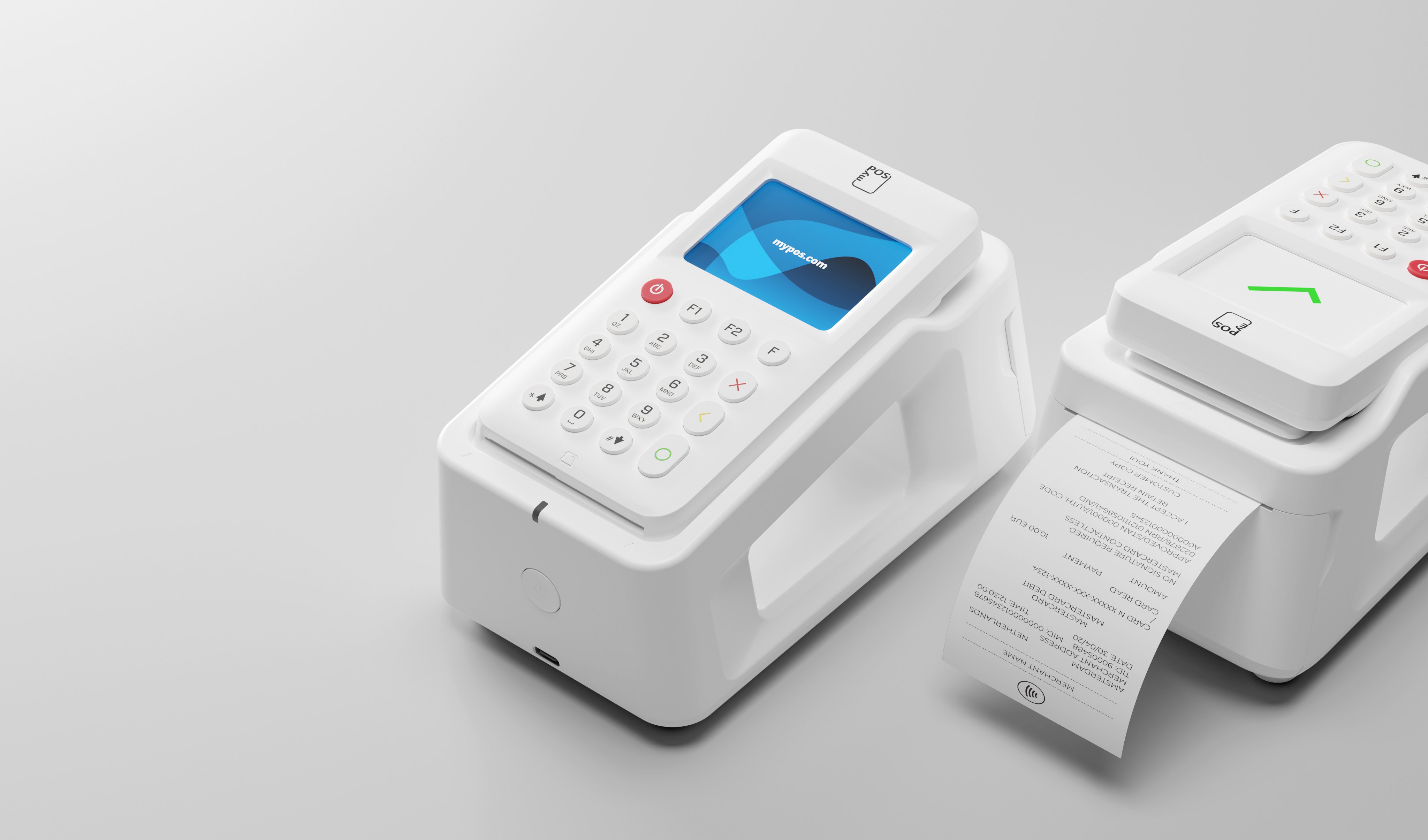Sistema TPV blanco con pantalla e impresora, sobre superficie blanca con recibo.