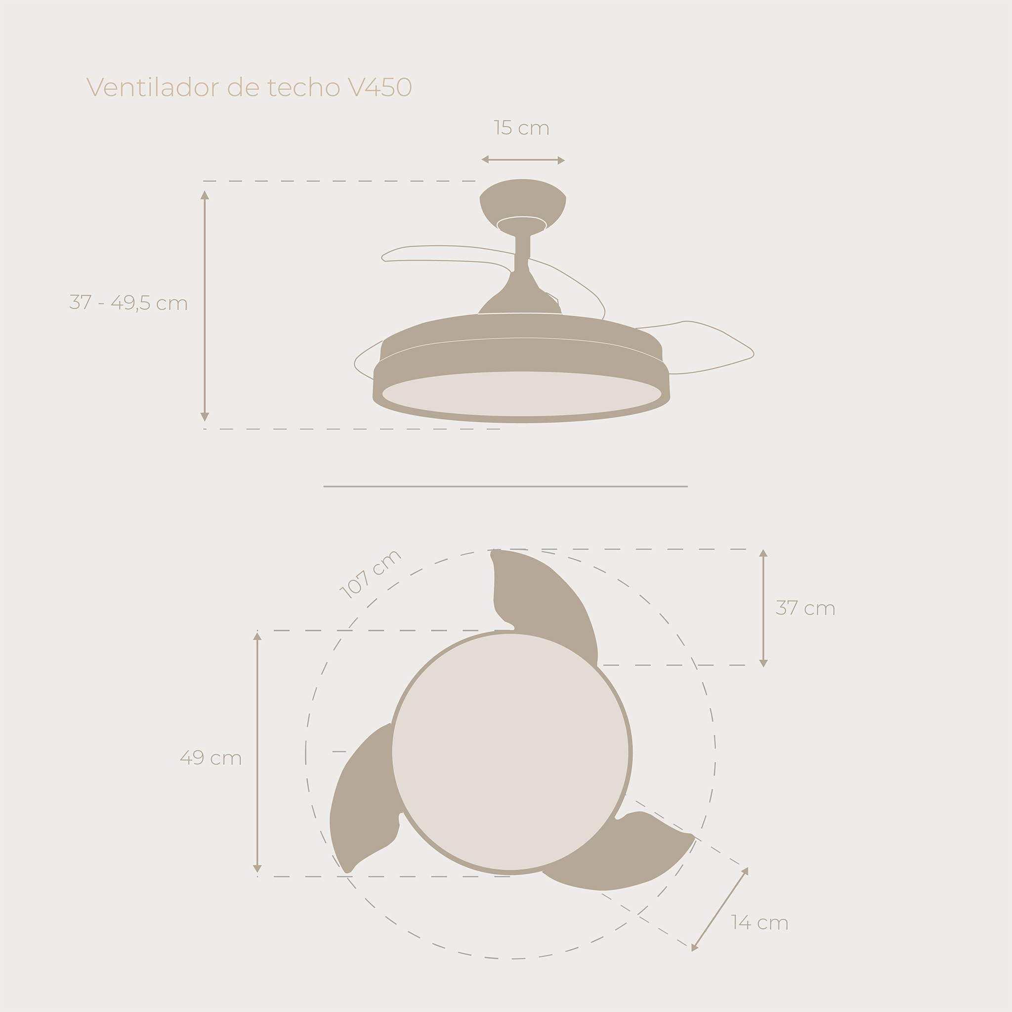 Diagramma di un ventilatore da soffitto con dimensioni ed etichette.