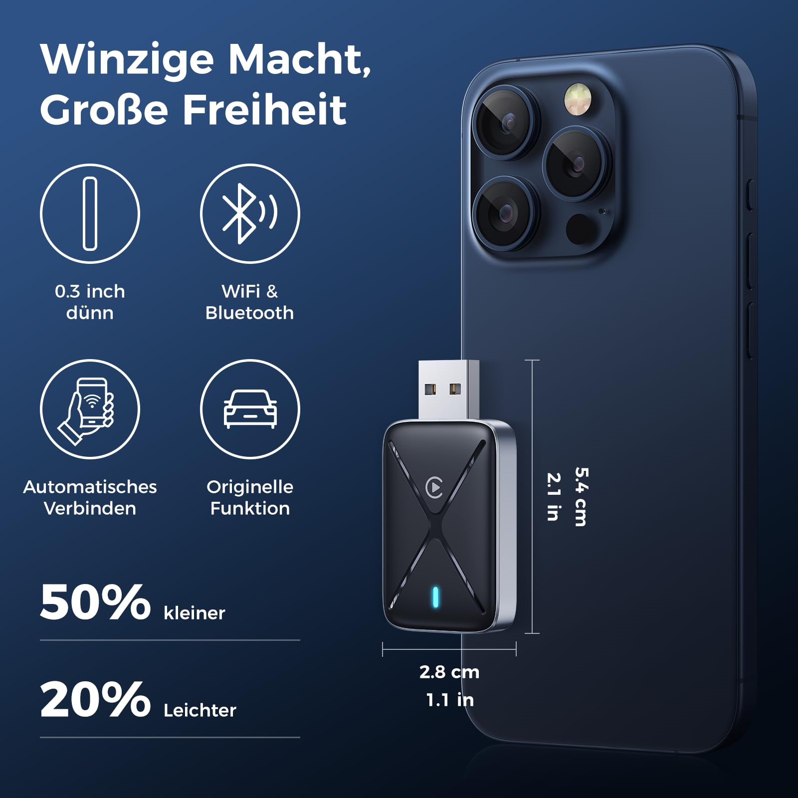 Ein kleiner schwarzer Adapter neben einem Telefon. Er hat ein Licht und einen USB-Anschluss.