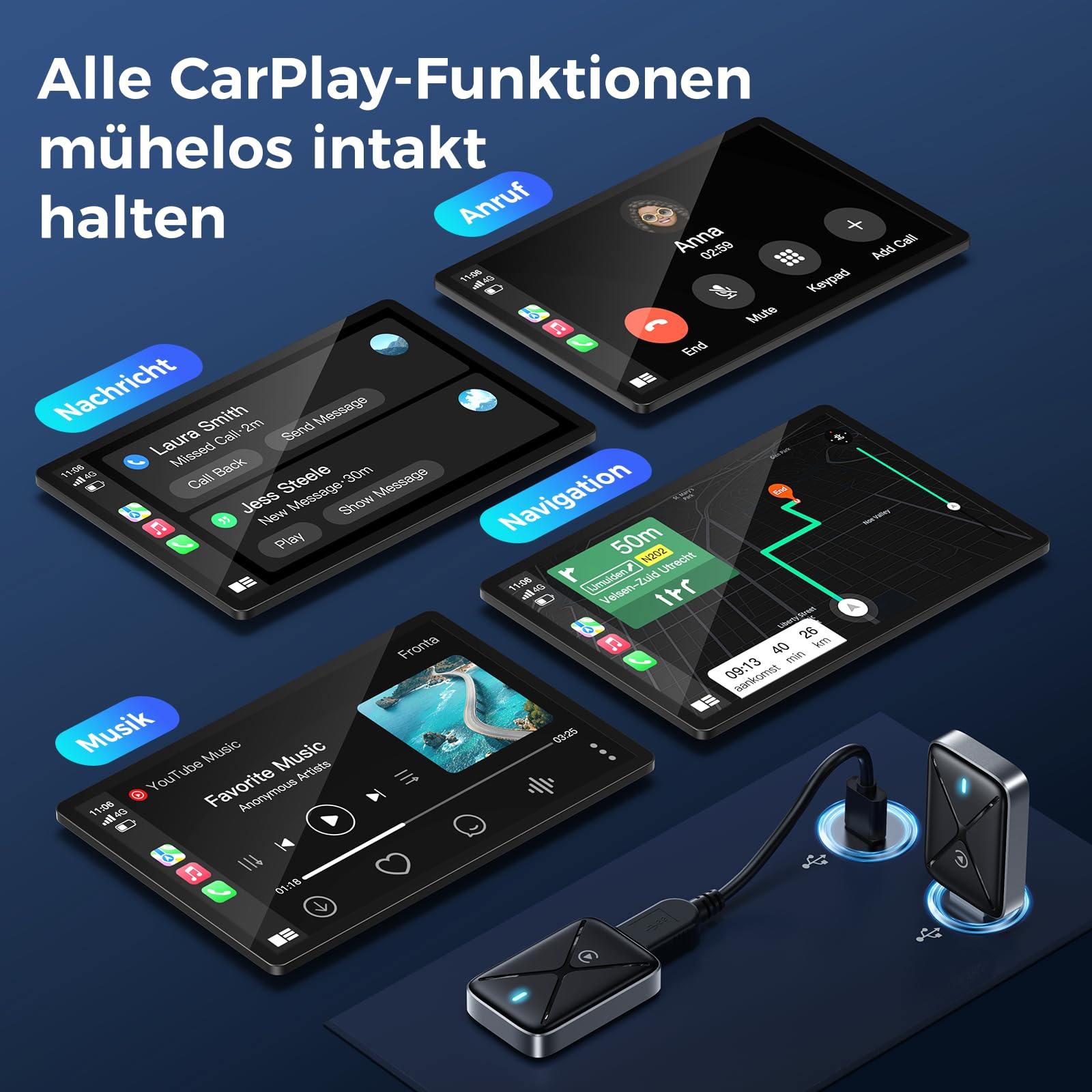 CarPlay-Oberfläche, die verschiedene Apps zeigt: Anrufe, Nachrichten, Musik und Navigation auf einem Bildschirm.