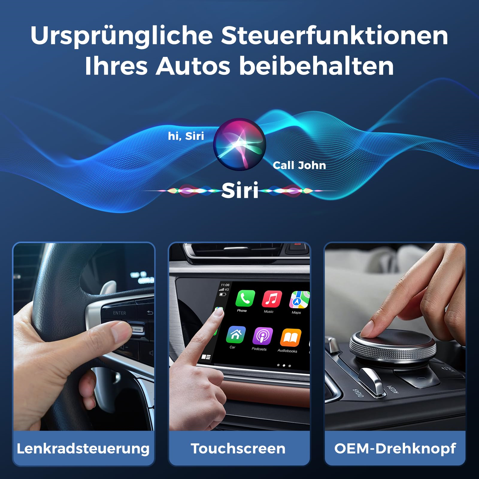 Auto-Armaturenbrett mit Siri, Touchscreen und Drehknopf. Funktionen zur Fahrzeugsteuerung.