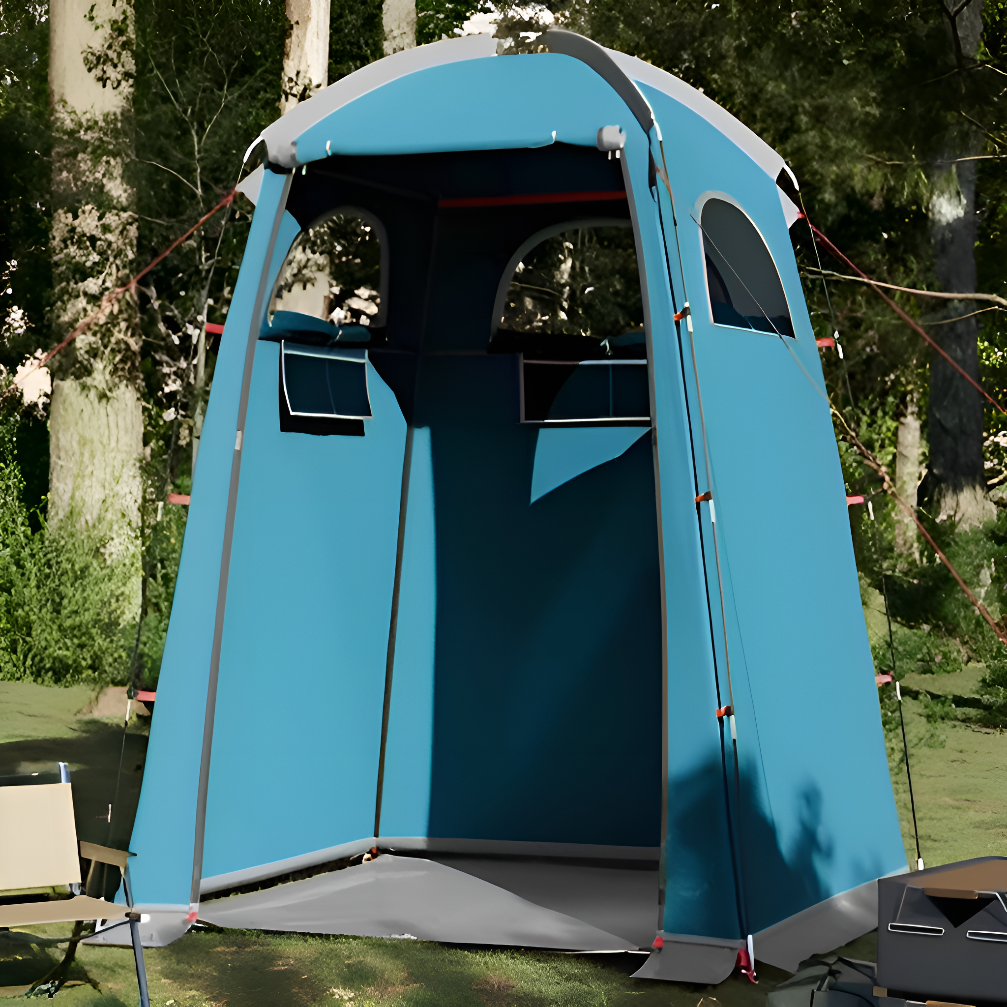 Ein blaues Camping-Duschzelt ist im Freien aufgebaut. Es hat Fenster und eine Frontöffnung. Bäume im Hintergrund.