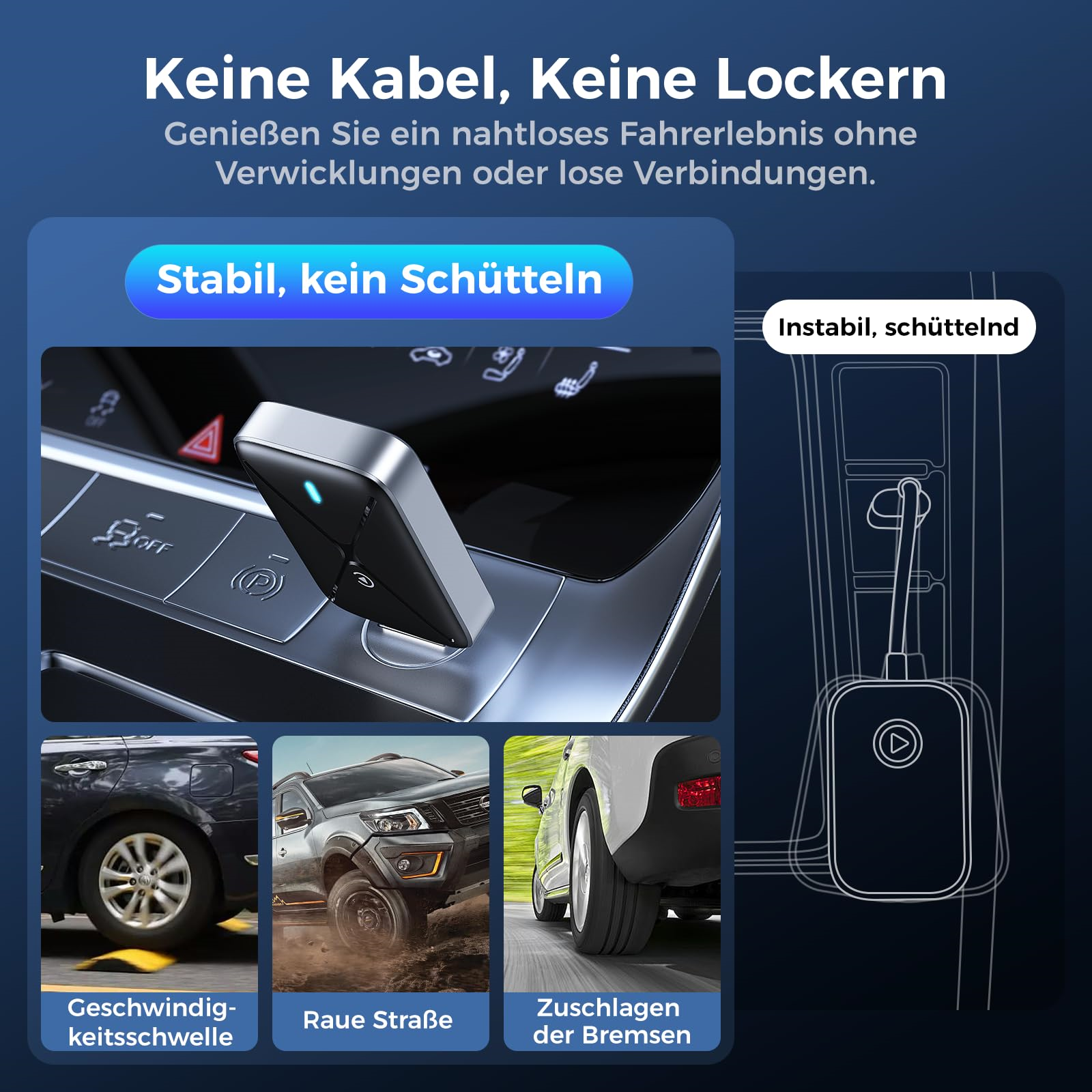 Schwarzes Gerät in der Autokonsole, Text hebt Stabilität hervor. Bilder von holprigen Straßen und Bremsen.