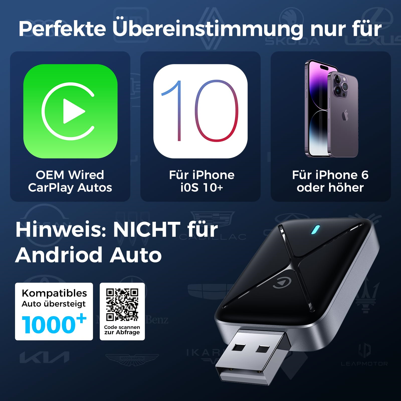 Schwarzes Gerät mit USB, Symbolen und Telefon. Texte: OEM CarPlay, iOS 10+, iPhone 6+.