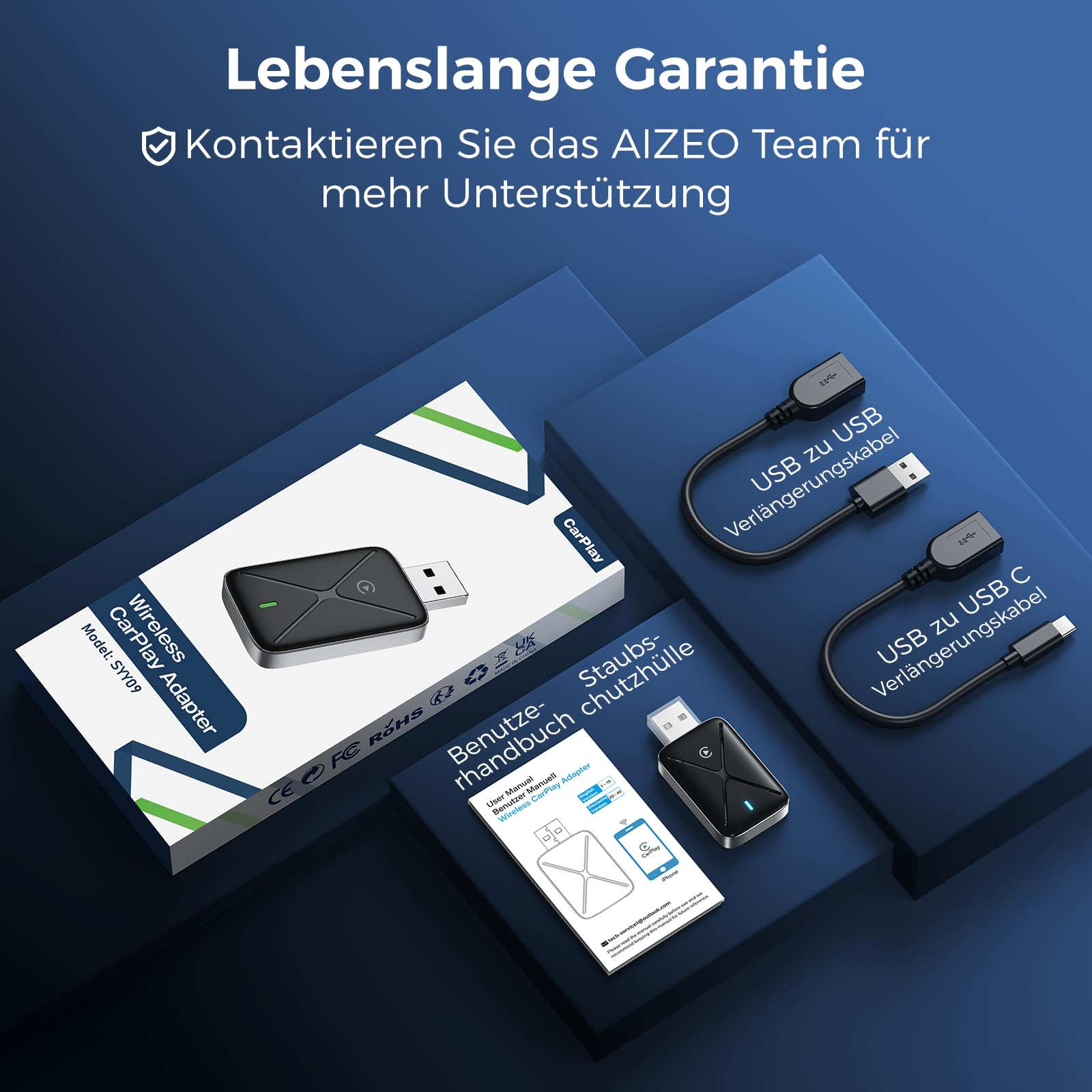 Kabelloser CarPlay-Adapter und Zubehör, einschließlich USB-Kabel und Benutzerhandbuch.