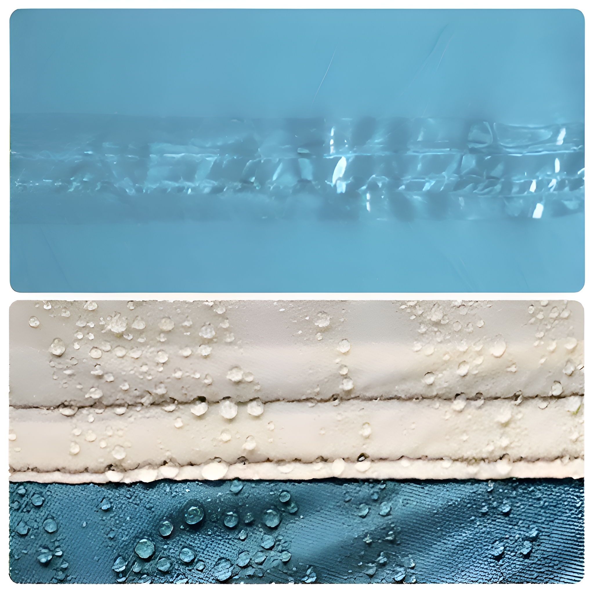 Zwei Fotos, die eine blaue Oberfläche und eine weiße und beige Oberfläche mit Wassertropfen zeigen.