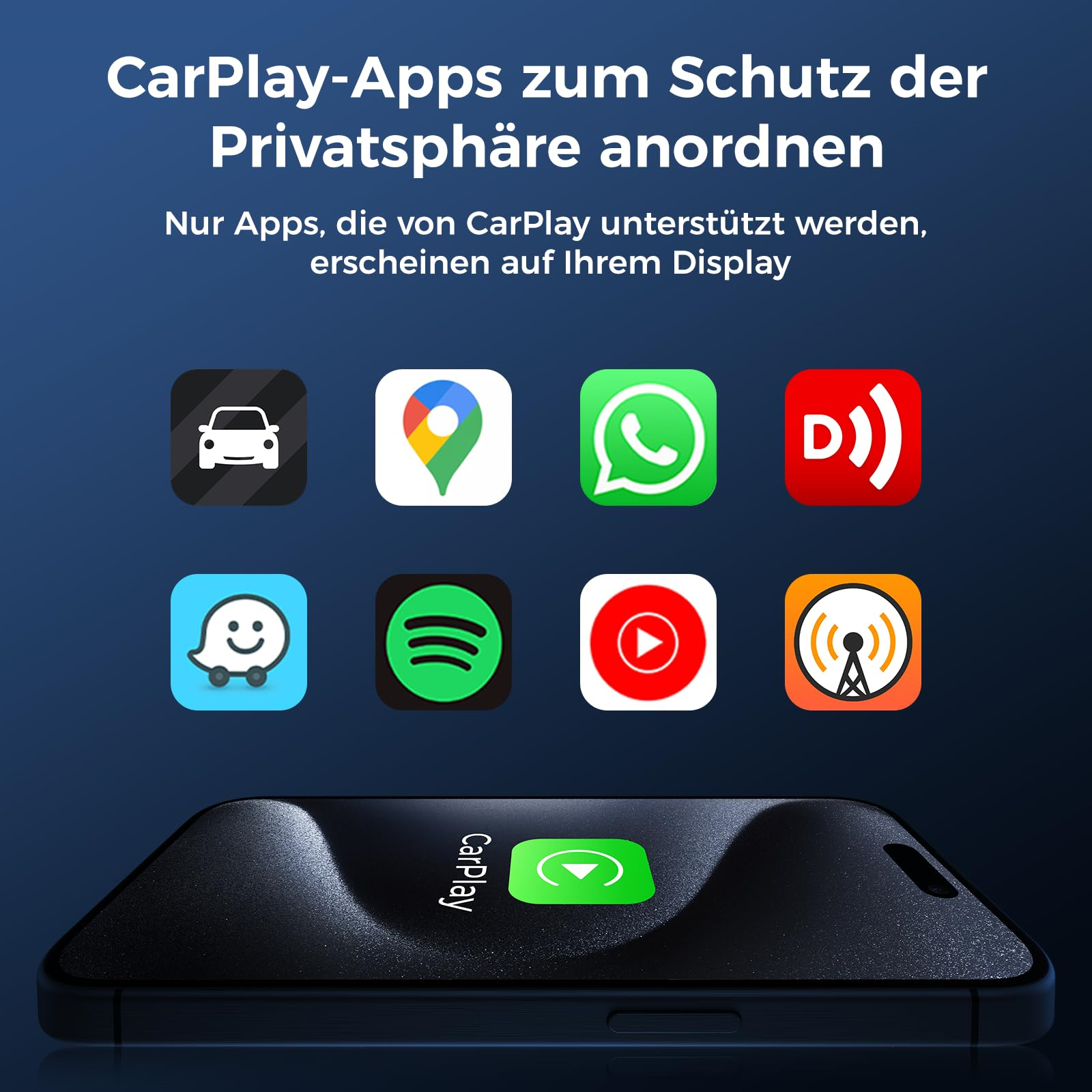 Smartphone-Bildschirm zeigt CarPlay-Apps: Maps, WhatsApp, Spotify, YouTube und mehr. Dunkler Hintergrund.