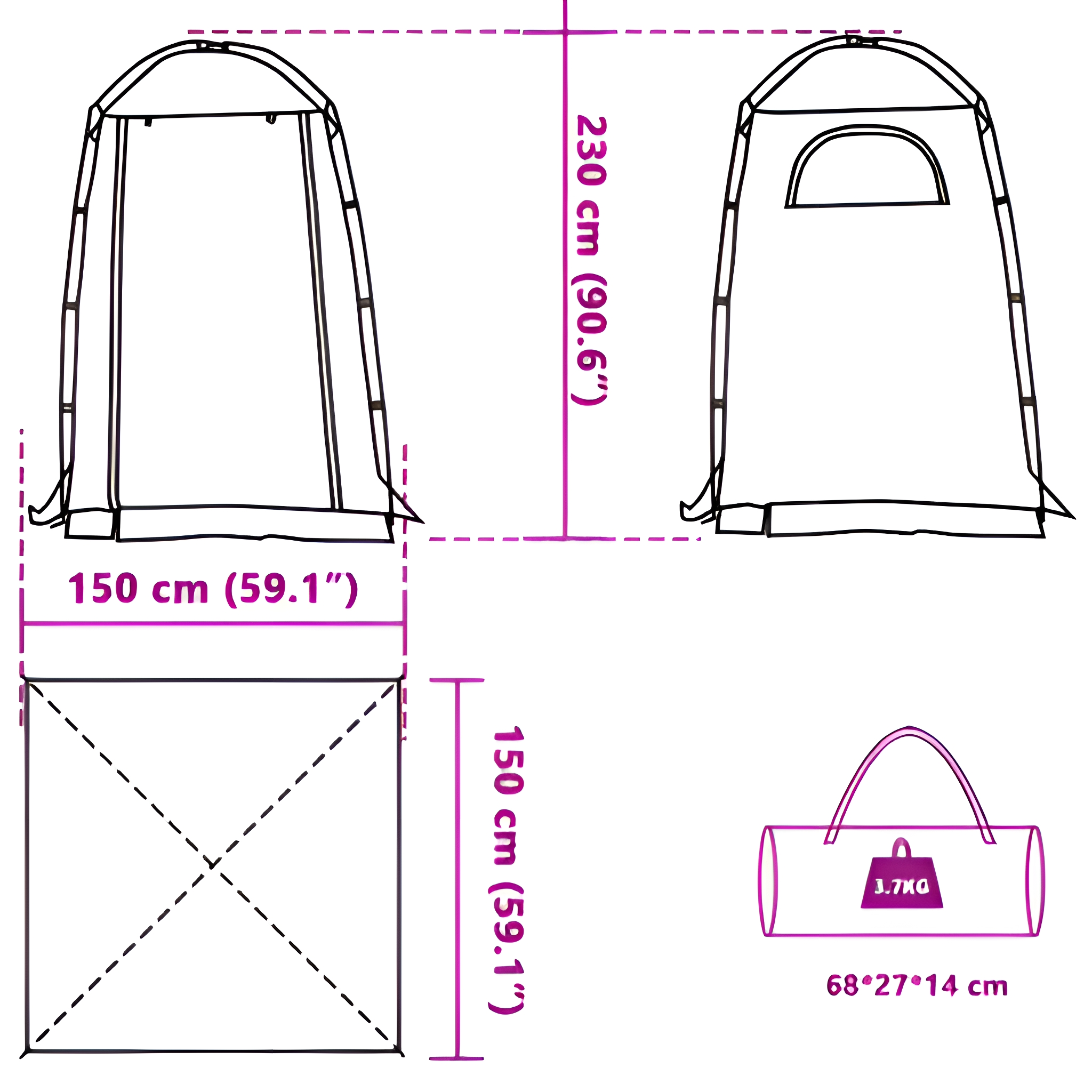 Zelt mit Maßen: 150x150cm und 230cm Höhe. Tasche mit 68x27x14 cm und 3,7kg.