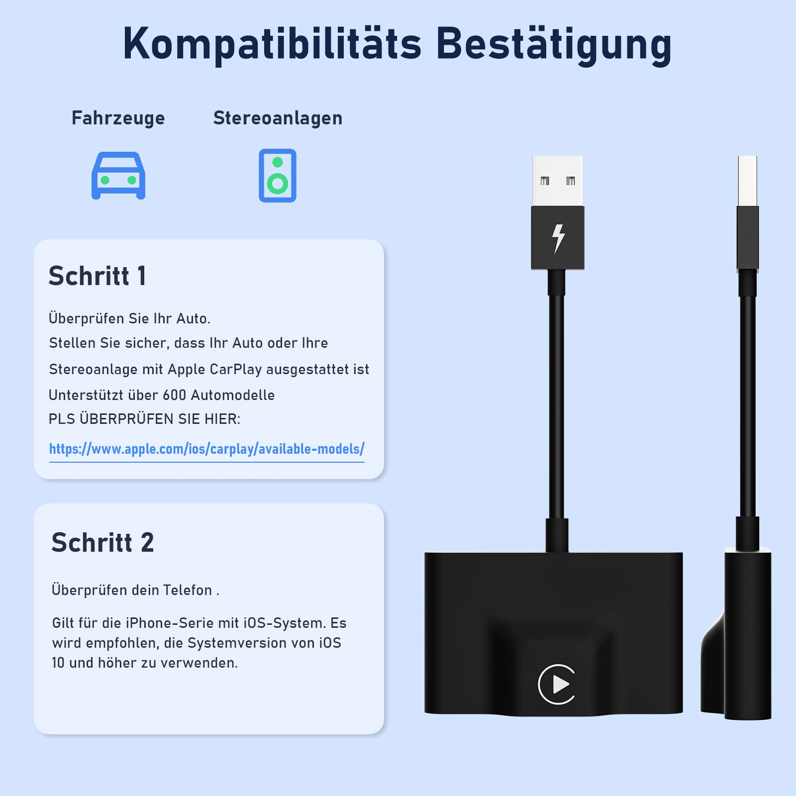Schwarzes Kabel mit Stecker und ein Dokument zur Kompatibilität mit Apple CarPlay.