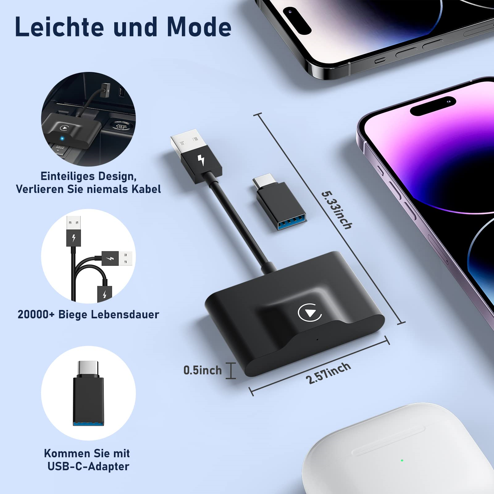 Schwarzer Adapter mit USB-, USB-C- und HDMI-Anschlüssen. Text zeigt Abmessungen und Funktionen.