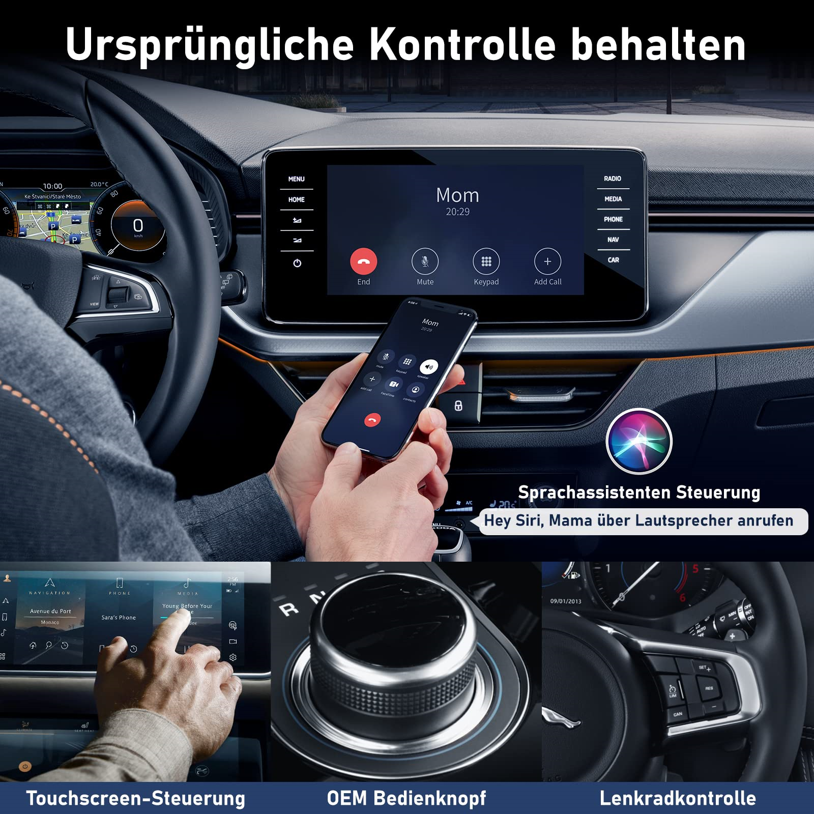 Autoinnenraum mit Telefon, das einen Anruf anzeigt. Touchscreen-, Knopf- und Lenkradbedienelemente.