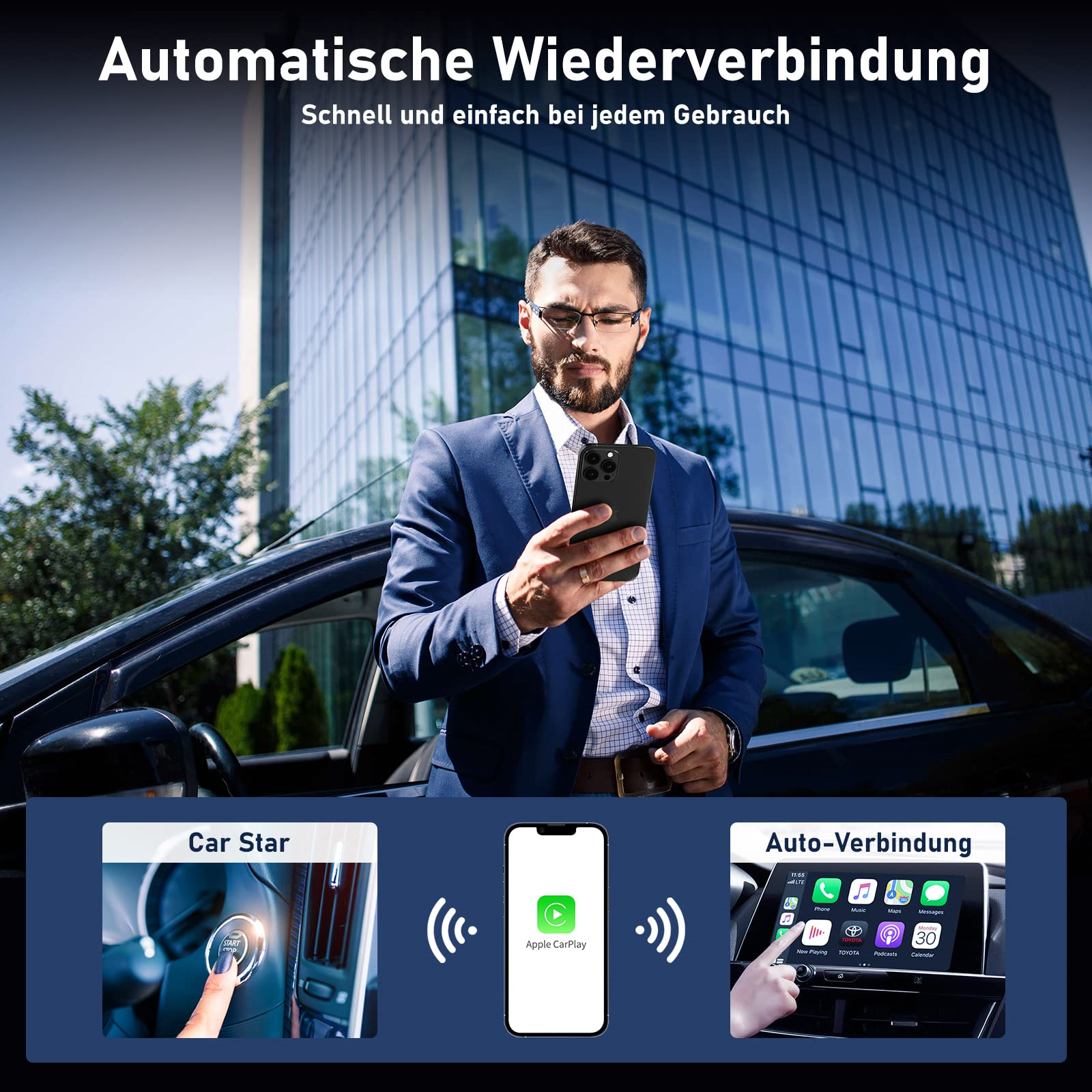 Mann benutzt Telefon, Auto und Telefonbildschirm mit Apple CarPlay. Hintergrund: modernes Gebäude und Auto.