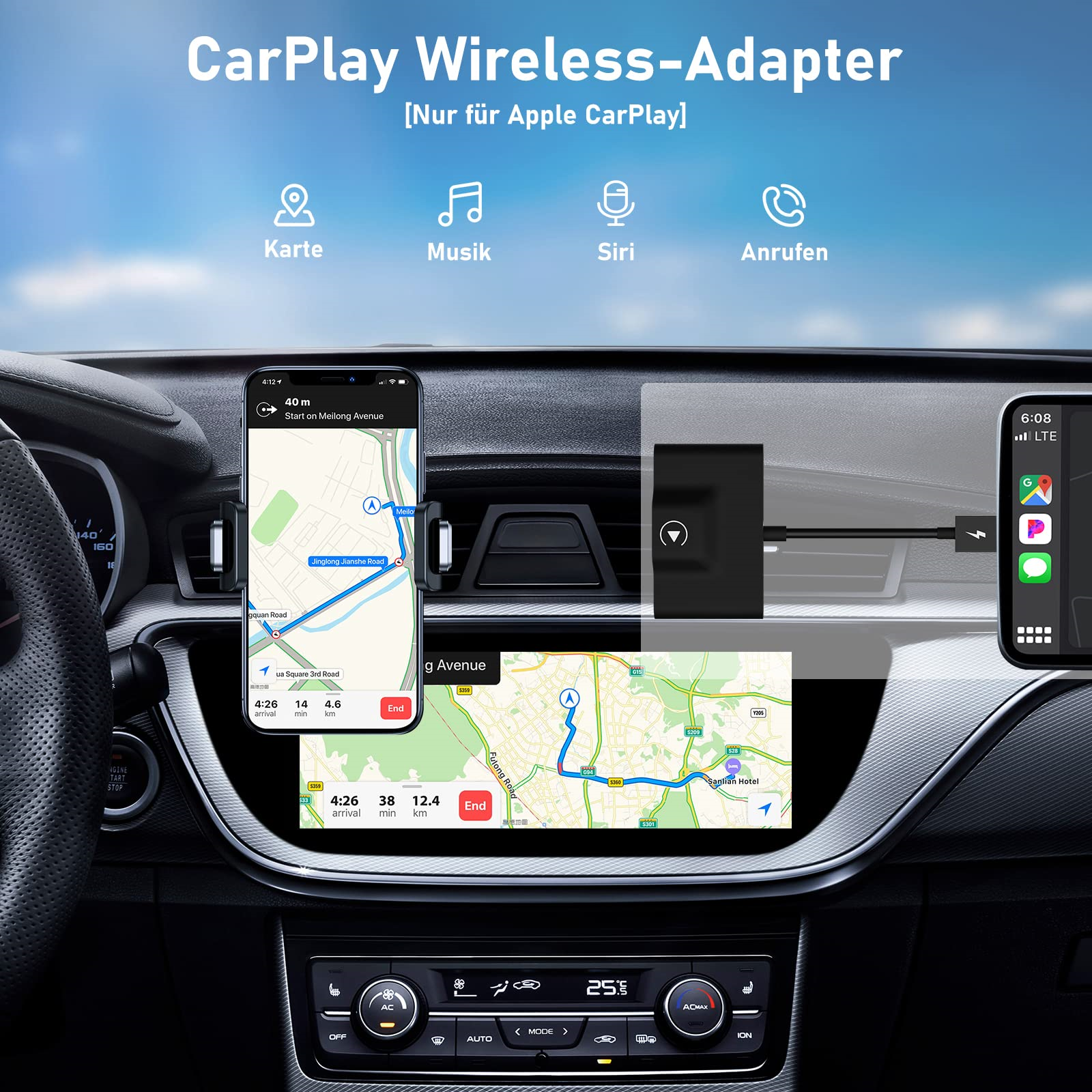 Auto-Innenraum mit Telefon mit Navigation und CarPlay mit Karte. Armaturenbrett, Telefonhalter und Symbole sichtbar.