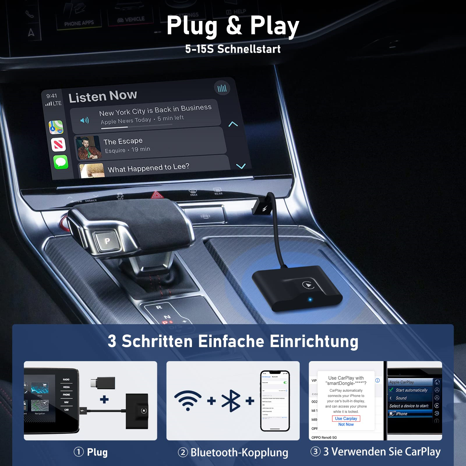 Armaturenbrett des Autos mit einem CarPlay-Gerät, das Musik und Einrichtungsanweisungen zeigt.