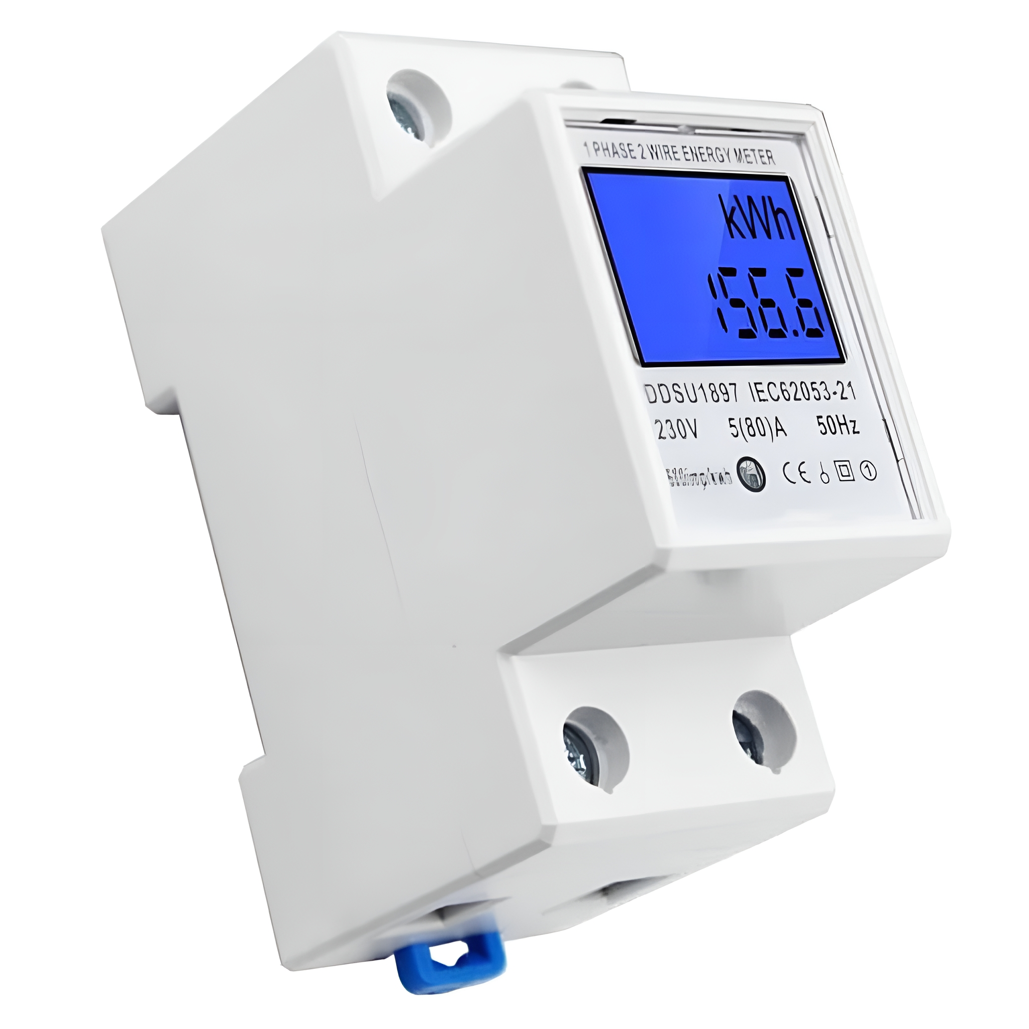Ein weißer Energiezähler mit blauem Digitaldisplay, das kWh anzeigt, und einer blauen Anschlussabdeckung.