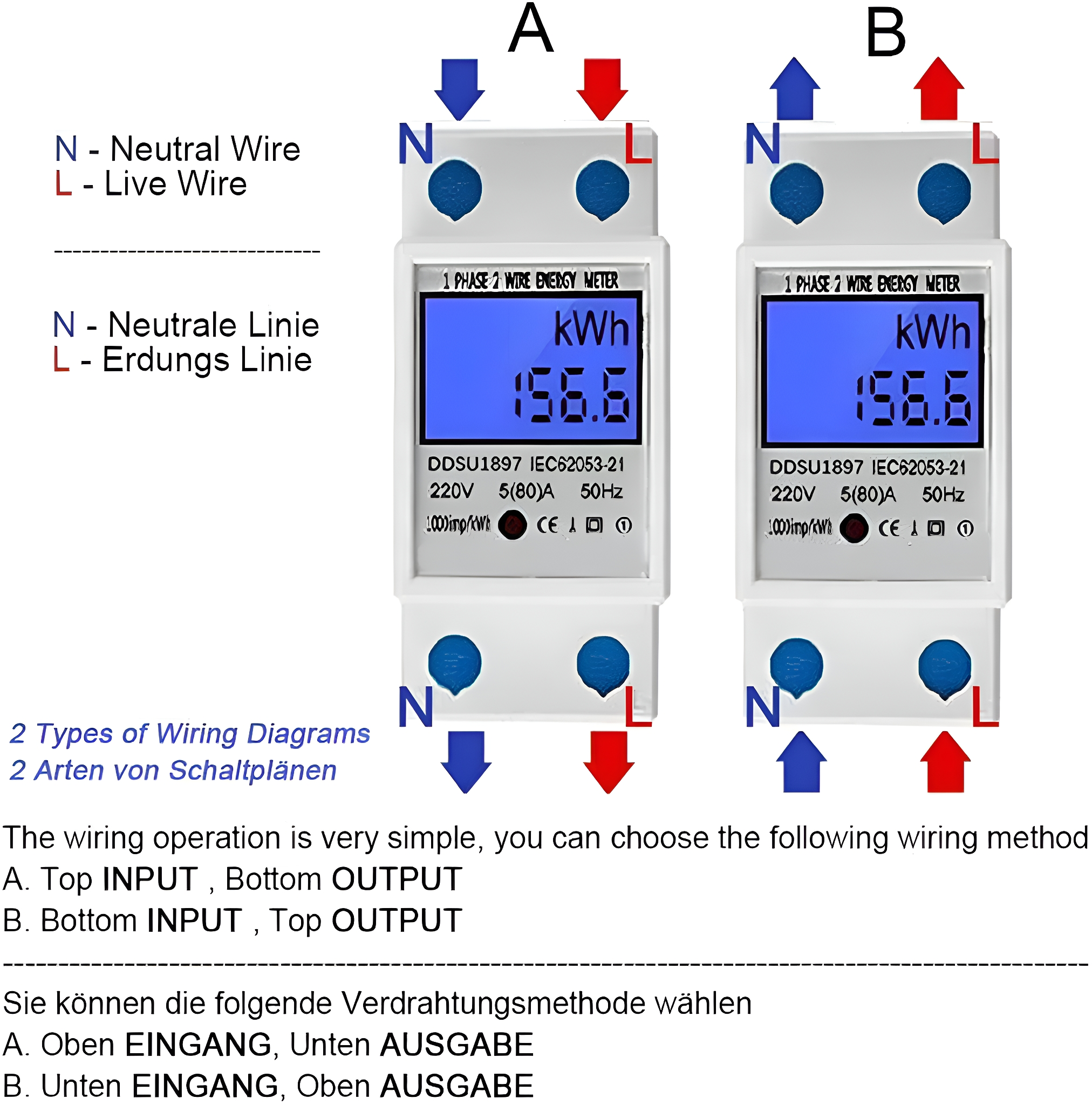 Zwei Verdrahtungsdiagramme für einen Energiezähler, mit N und L für Neutral- und Live-Drähte beschriftet.