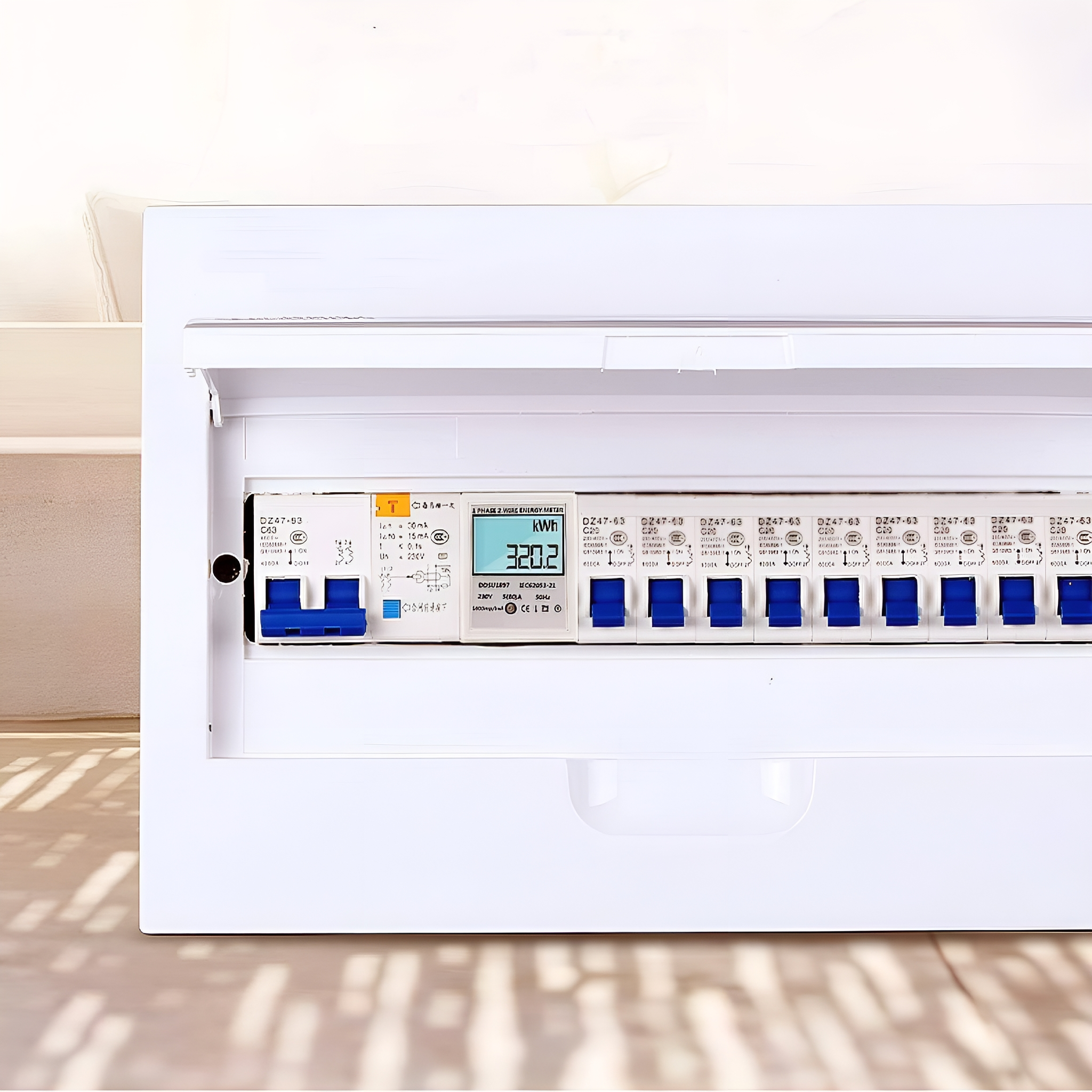Weißer Elektrokasten mit Schaltern und digitaler Anzeige des Energieverbrauchs.